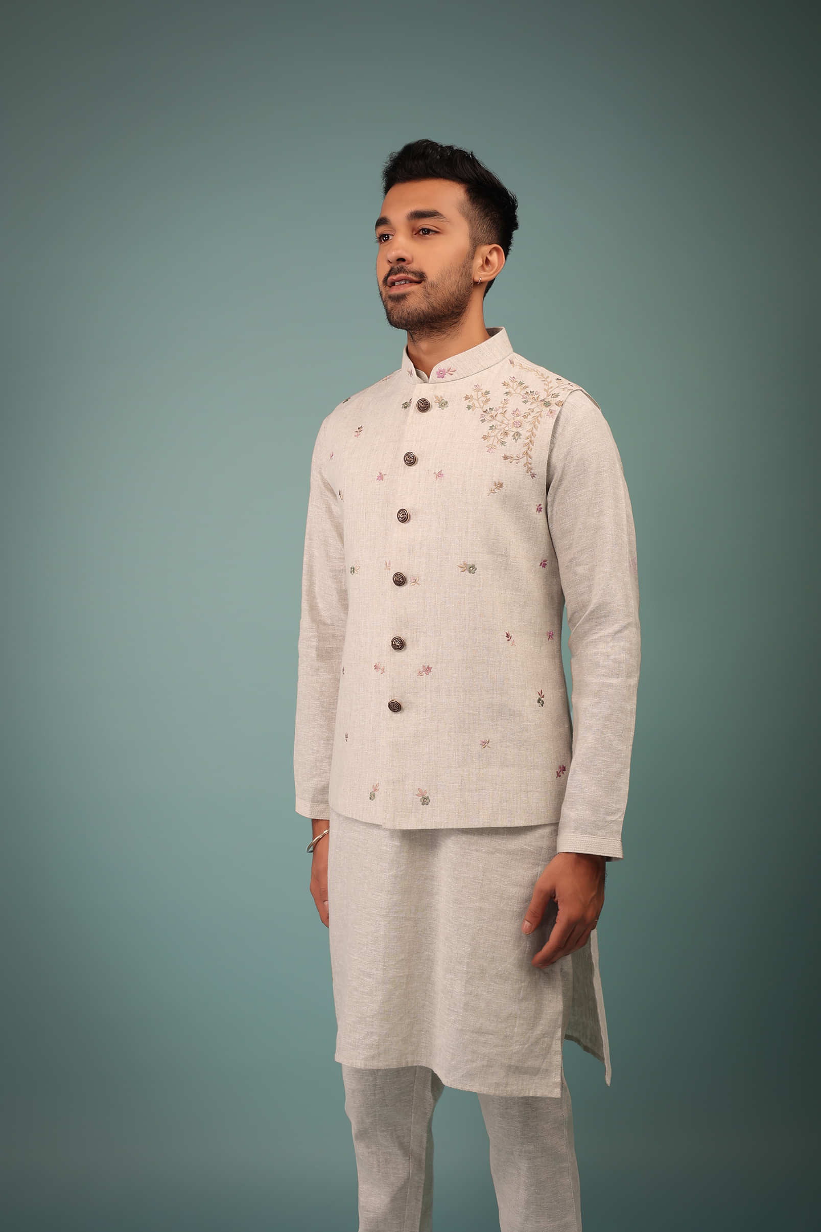 Kalki Birch White Bandi Jacket Set In Linen With Blooming Floral Embroidery