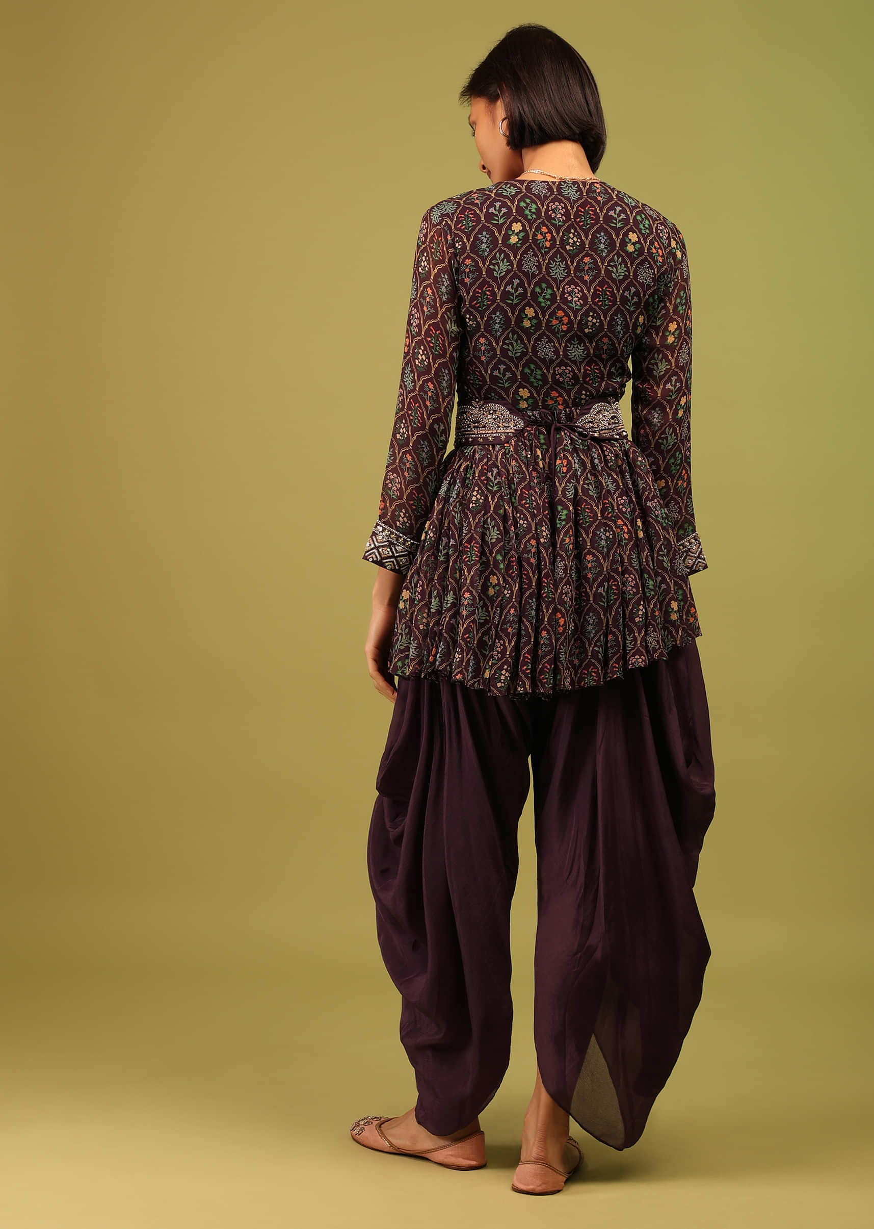 Dusty Brown Dhoti Kurta Set In Georgette With Multicolor Floral Print & Embroidery