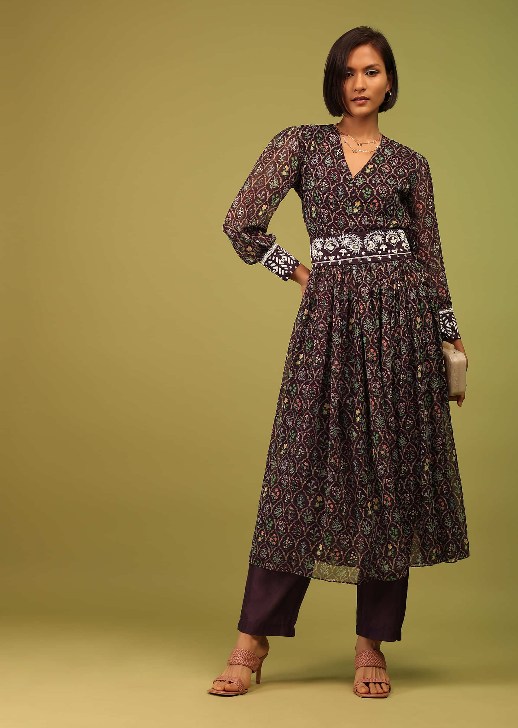 Dusty Brown Pant Suit In Georgette With Multicolor Floral Print & Embroidery