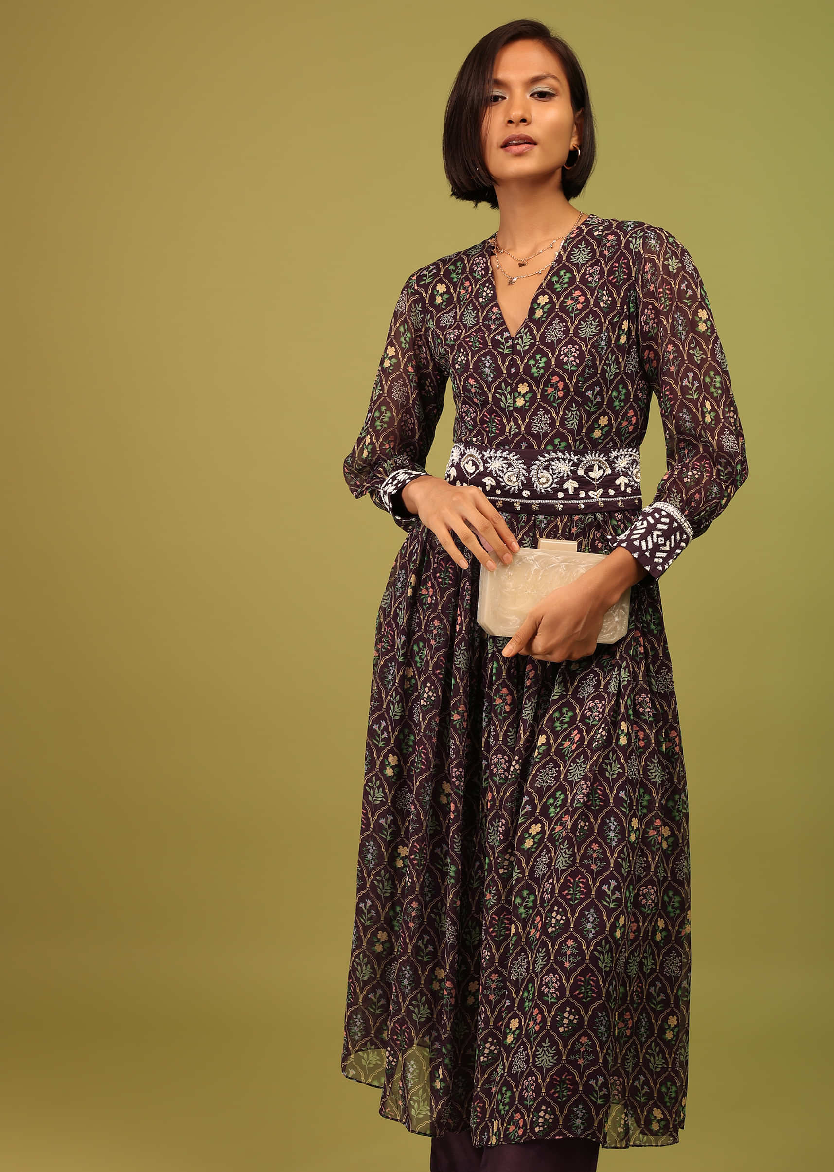 Dusty Brown Pant Suit In Georgette With Multicolor Floral Print & Embroidery