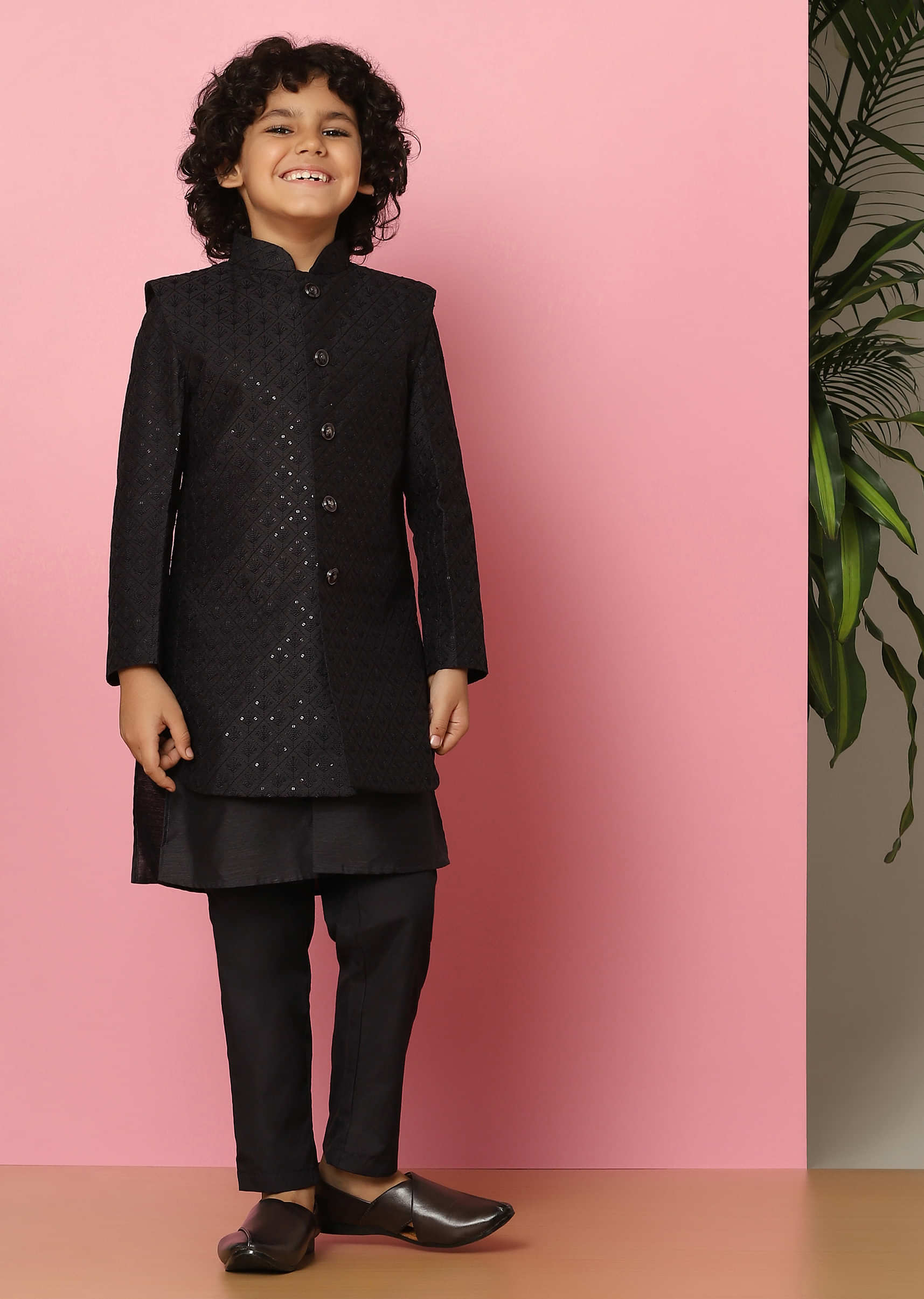 Kalki Black Sherwani Set In Raw Silk With Threadwork And Sequins For Boys