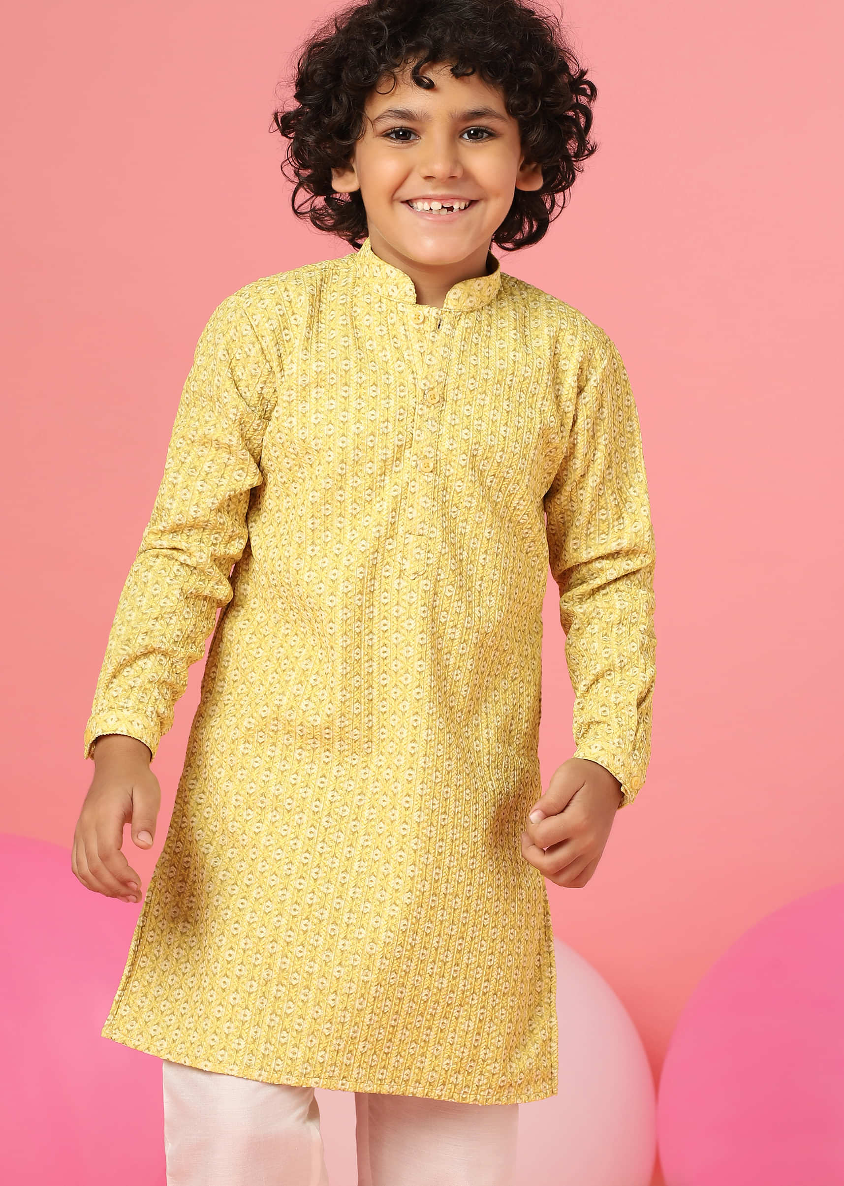 Kalki Blazing Yellow Kurta Set In Silk With Threadwork For Boys