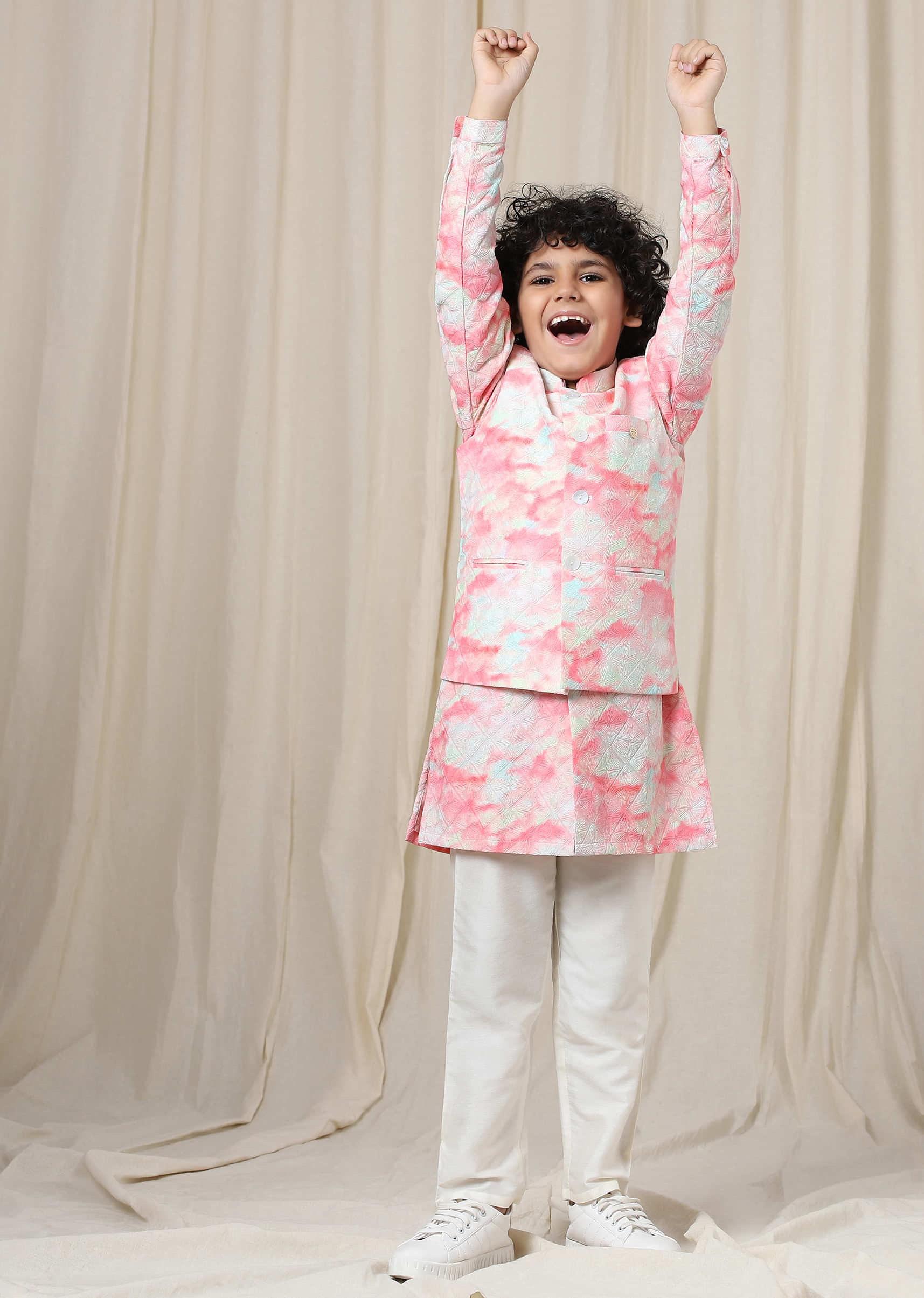Kalki Blossom Pink Tie-Dye Bandi Jacket Set In Silk With Threadwork For Boys