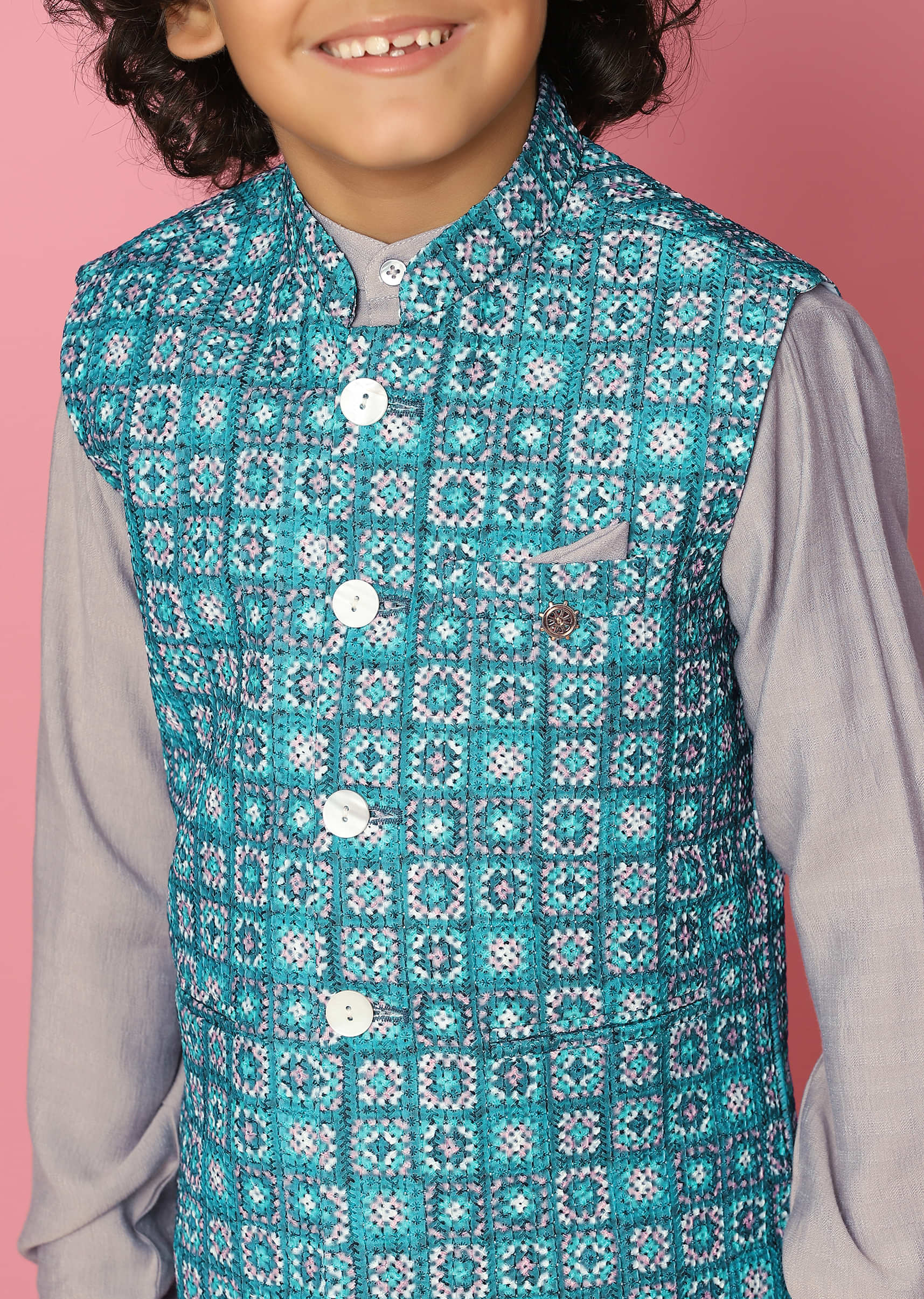 Kalki Blue Bandi Jacket And Kurta Set In Silk With Threadwork For Boys