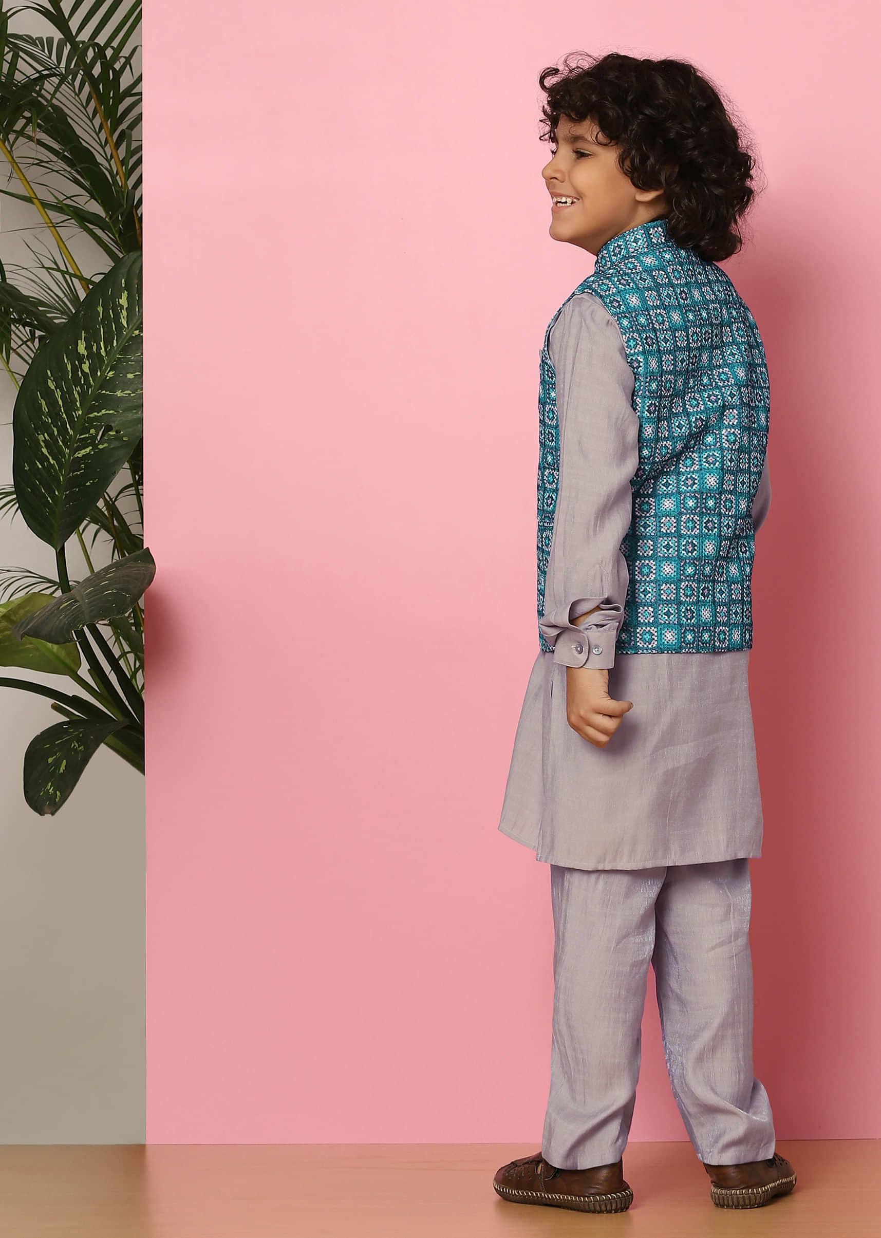 Kalki Blue Bandi Jacket And Kurta Set In Silk With Threadwork For Boys