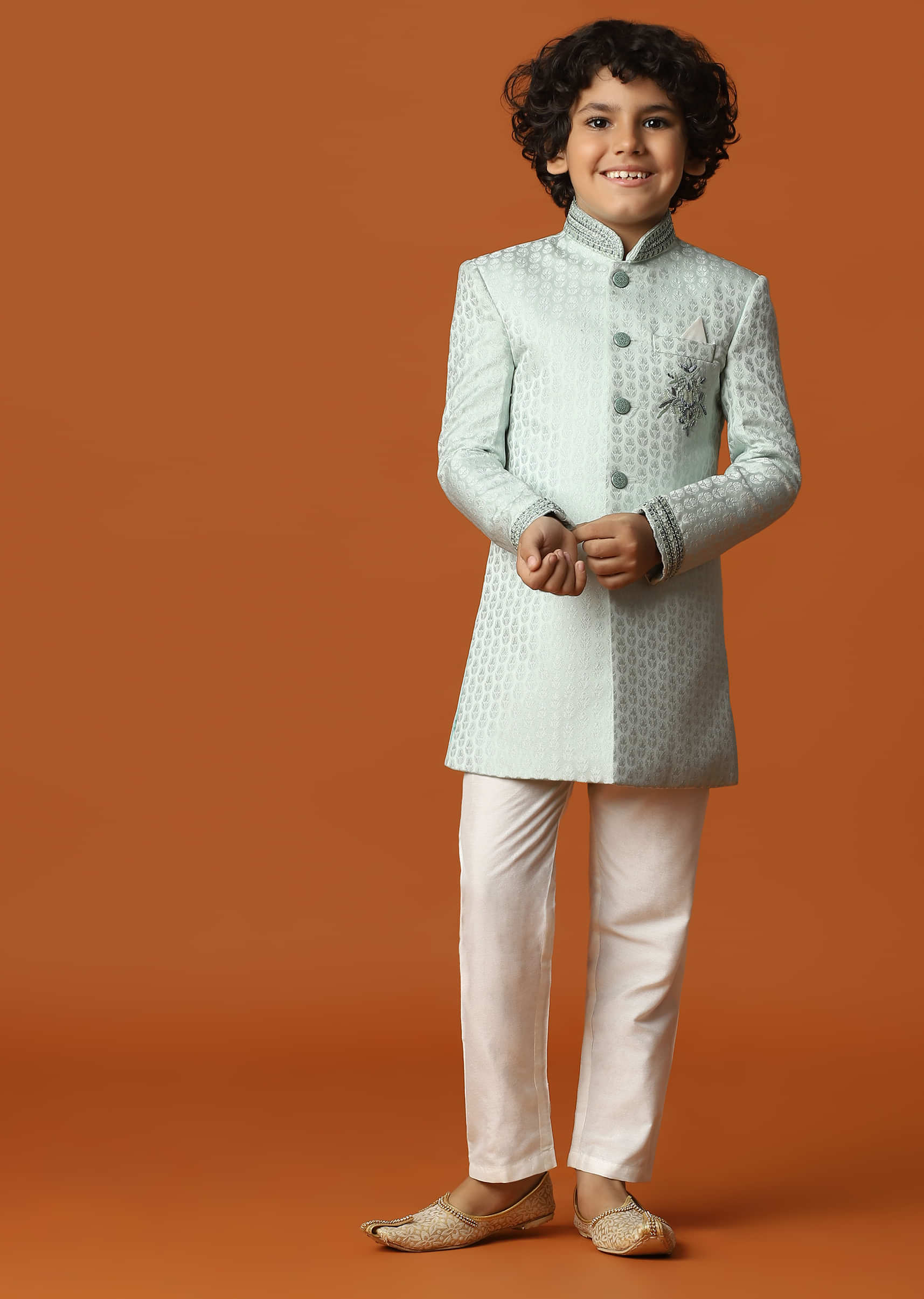 Kalki Blue Embroidered Sherwani Set In Raw Silk With Sequins For Boys