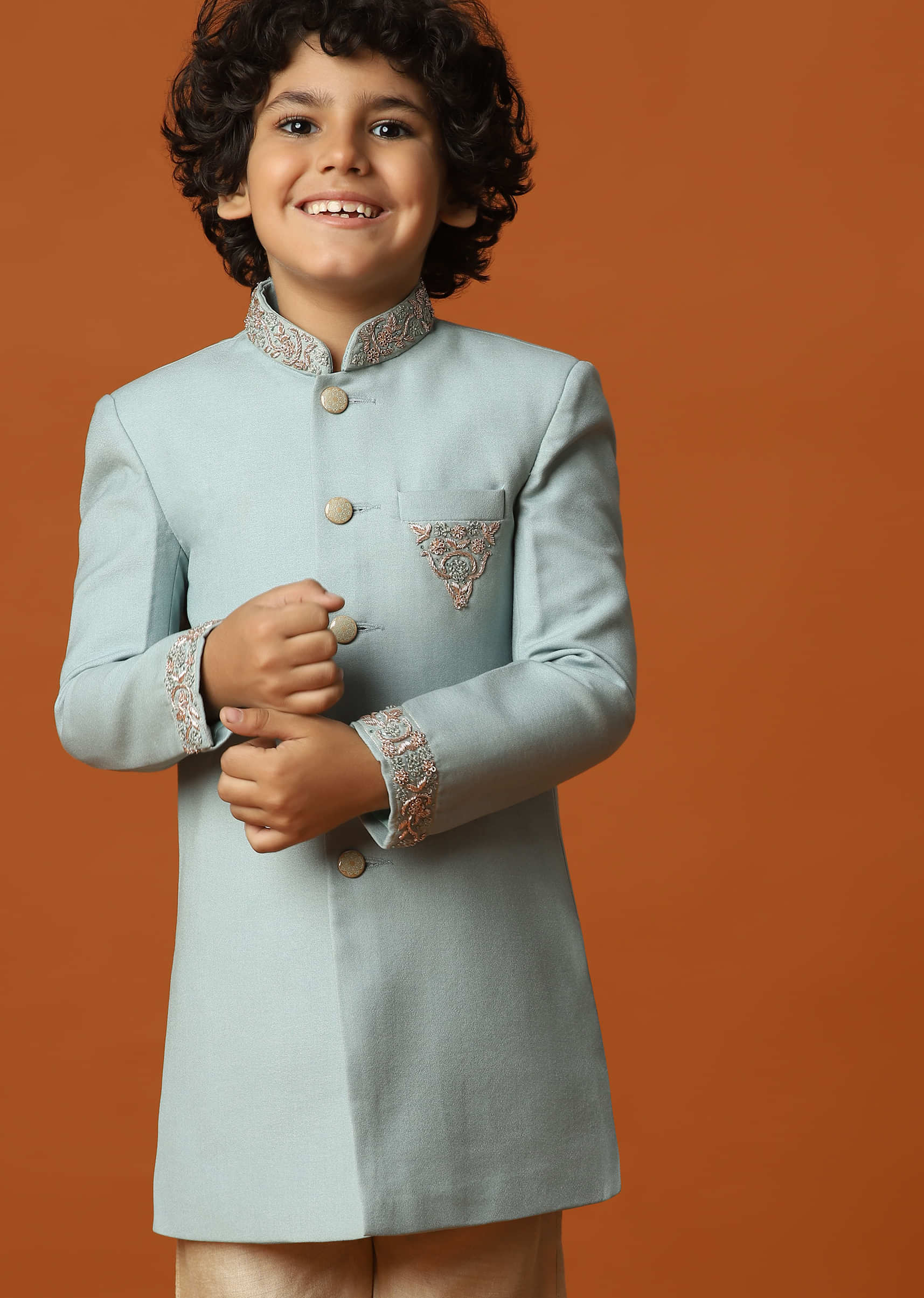 Kalki Blue Sherwani Set In Suiting Fabric With Threadwork For Boys