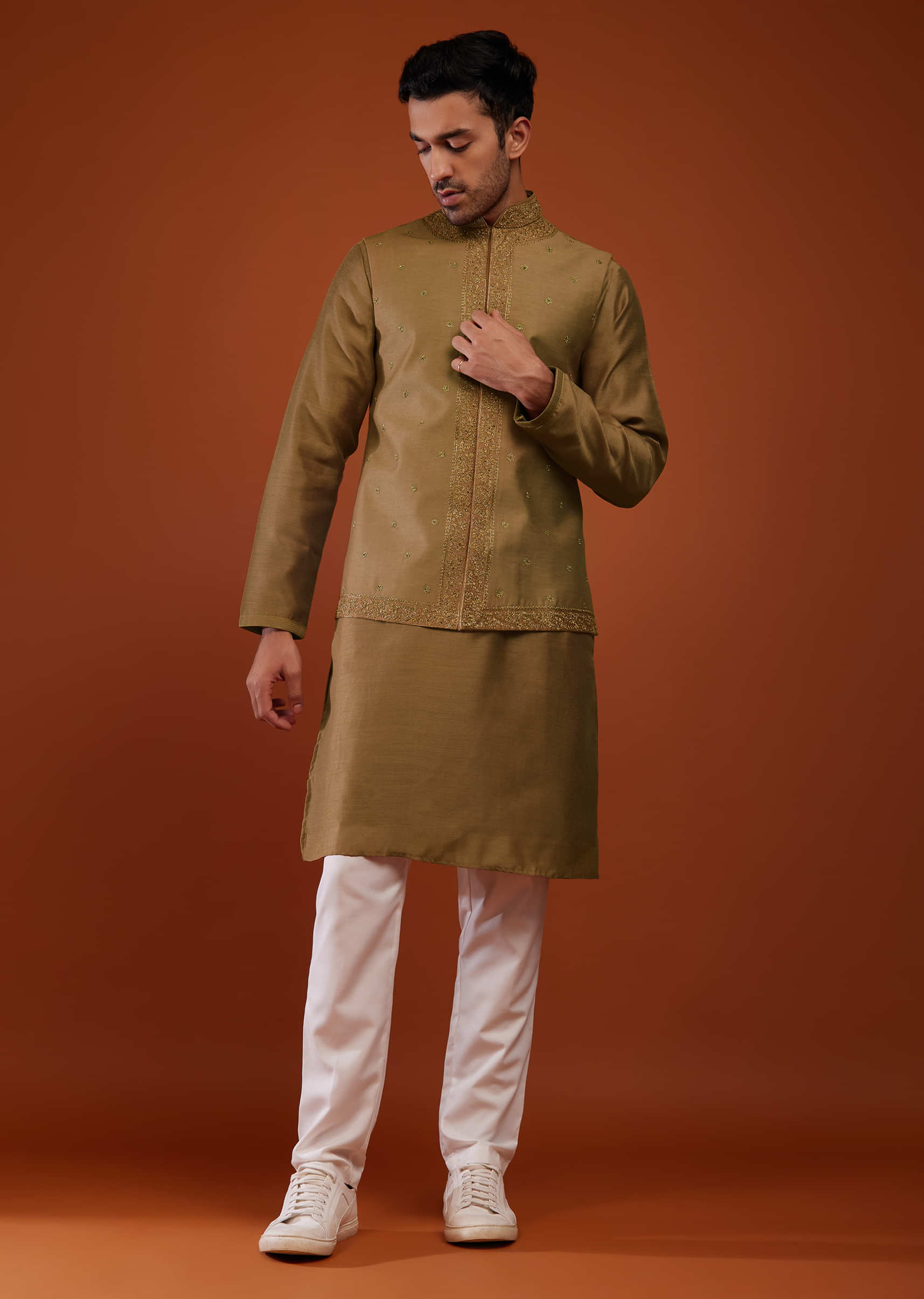 Coffee Brown Bandi Jacket Set With Embroidery