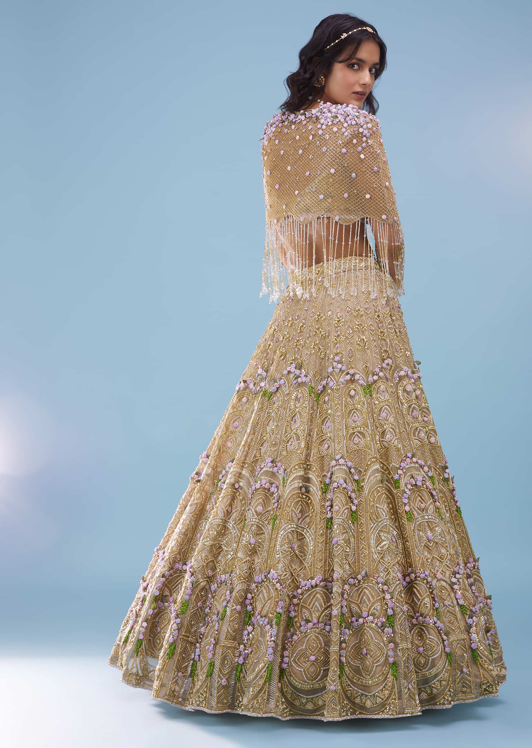 Bridal Naziaa Lehenga In Gold, Embroidered Shoulder Rest, And 3D Floral Embroidery - NOOR 2022