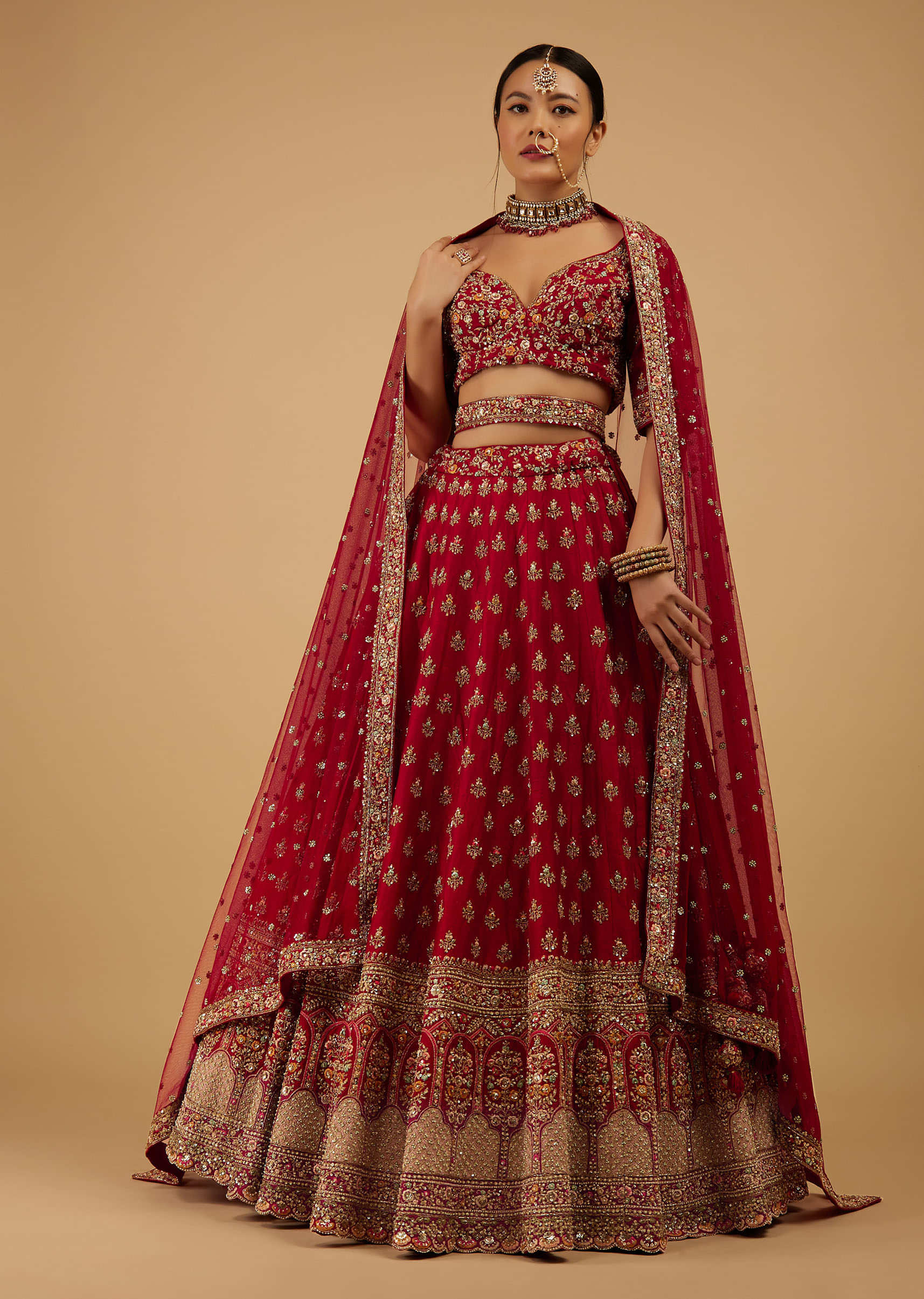 Bride And Baraat Cherry Red Fully Embroidered Lavish Lehenga Choli With Belt