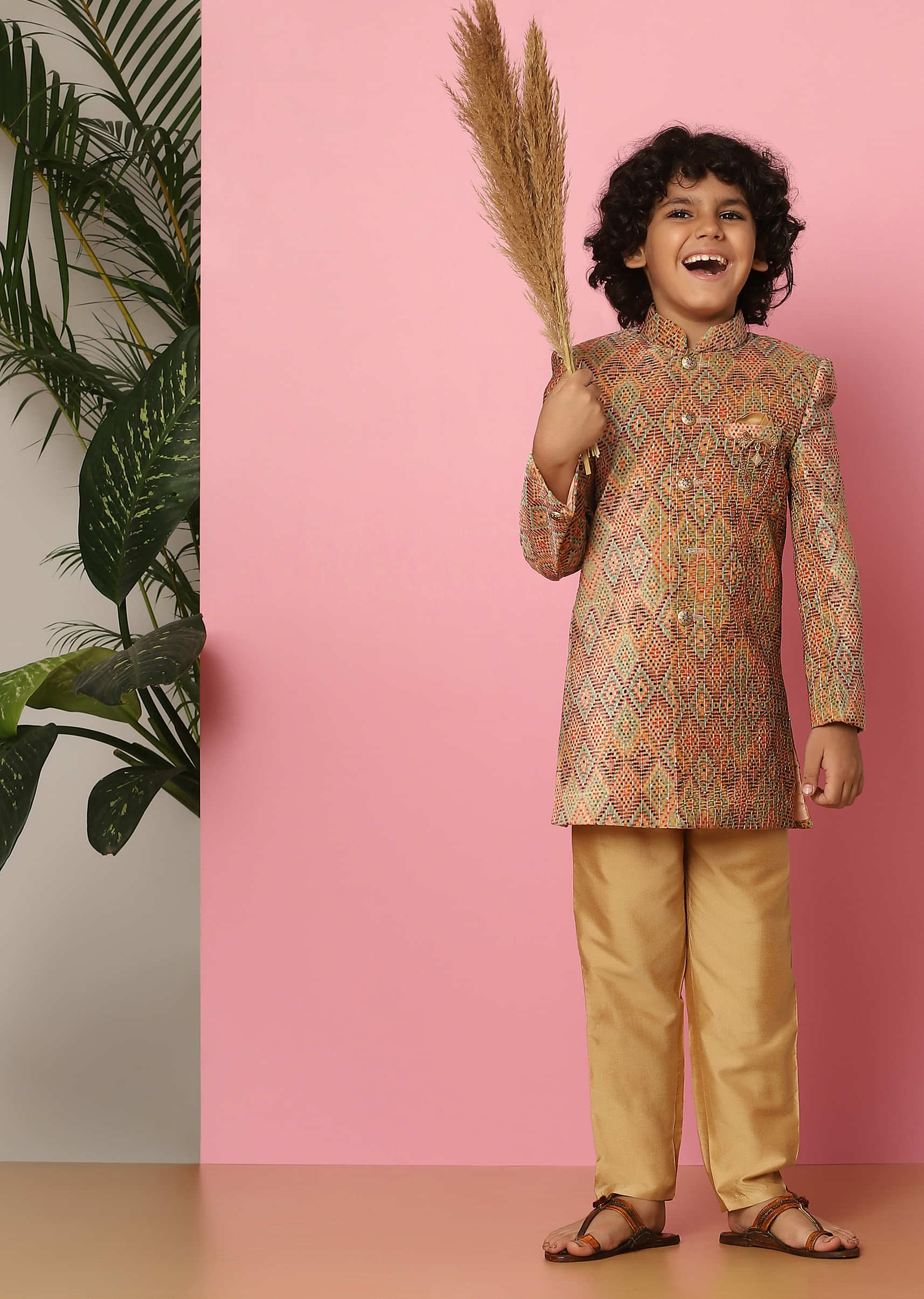 Kalki Brown Sherwani Set In Velvet With Print And Sequins For Boys
