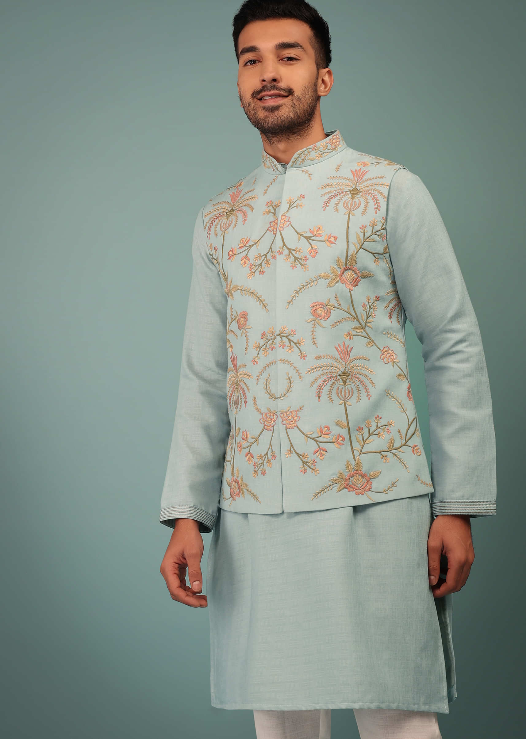 Powder Blue Bandi Jacket Set In Handloom With Pink & Brown Floral Jaal Embroidery