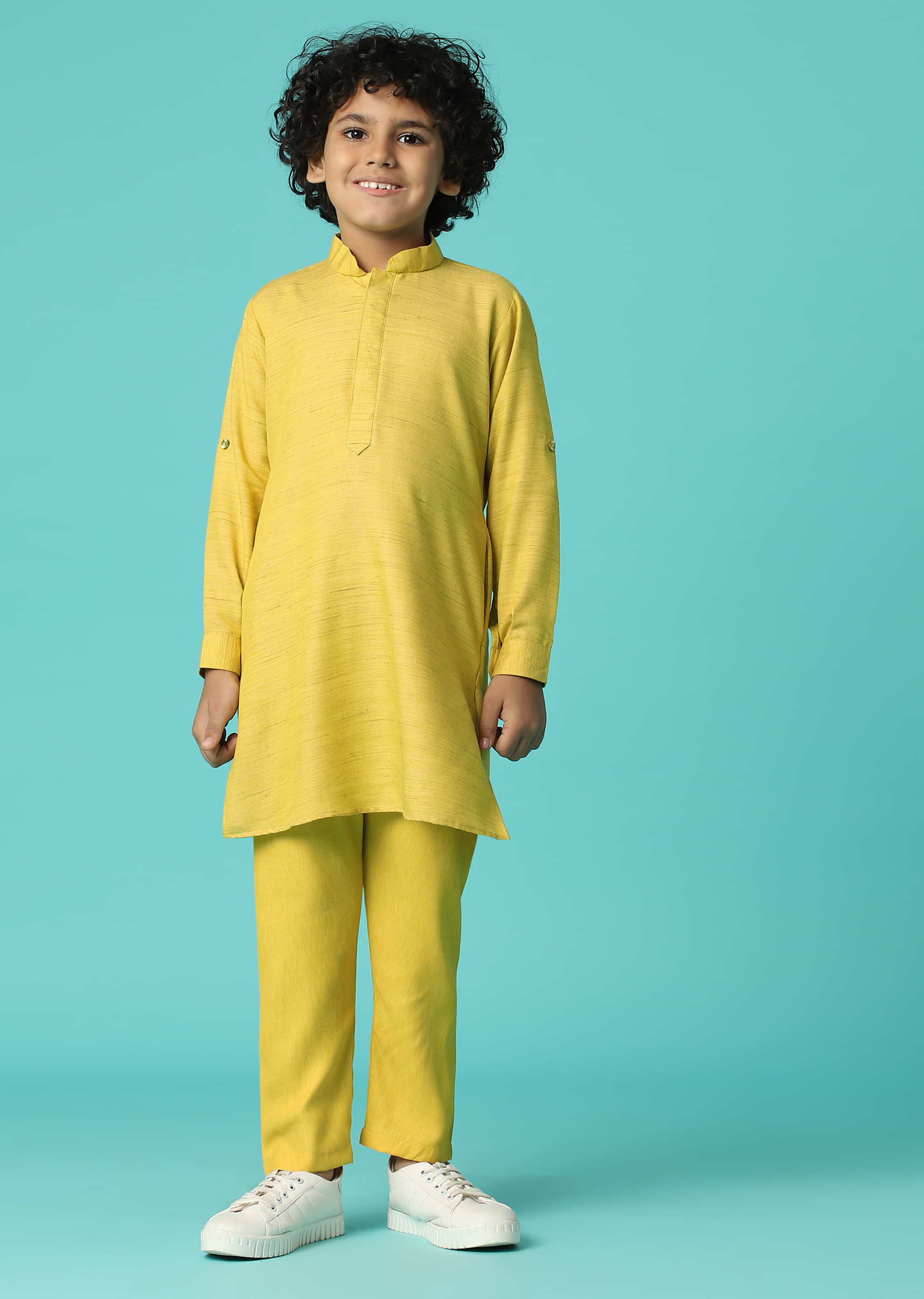 Kalki Canary Yellow Boys Jacket Kurta Set In Silk With Print