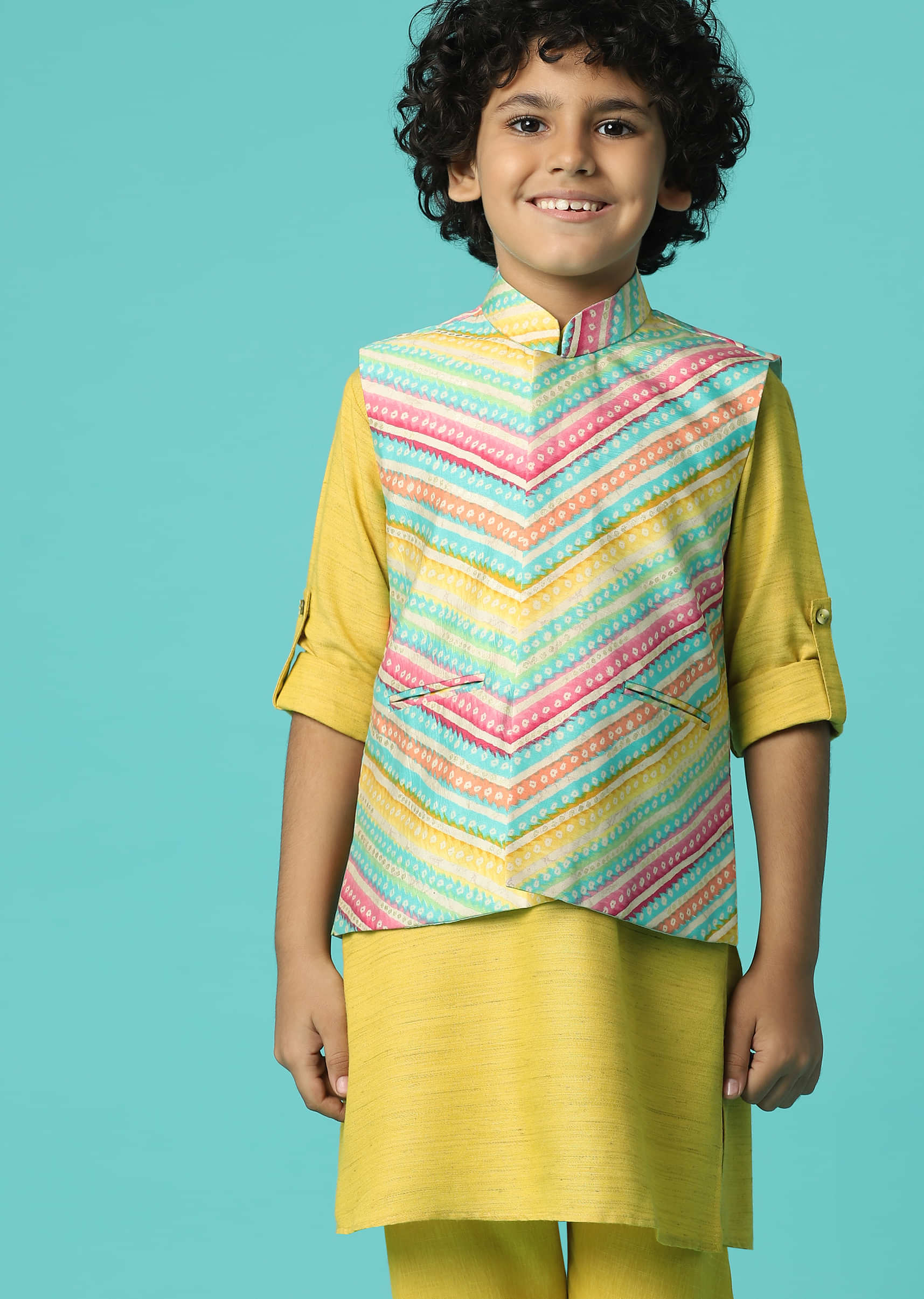 Kalki Canary Yellow Boys Jacket Kurta Set In Silk With Print