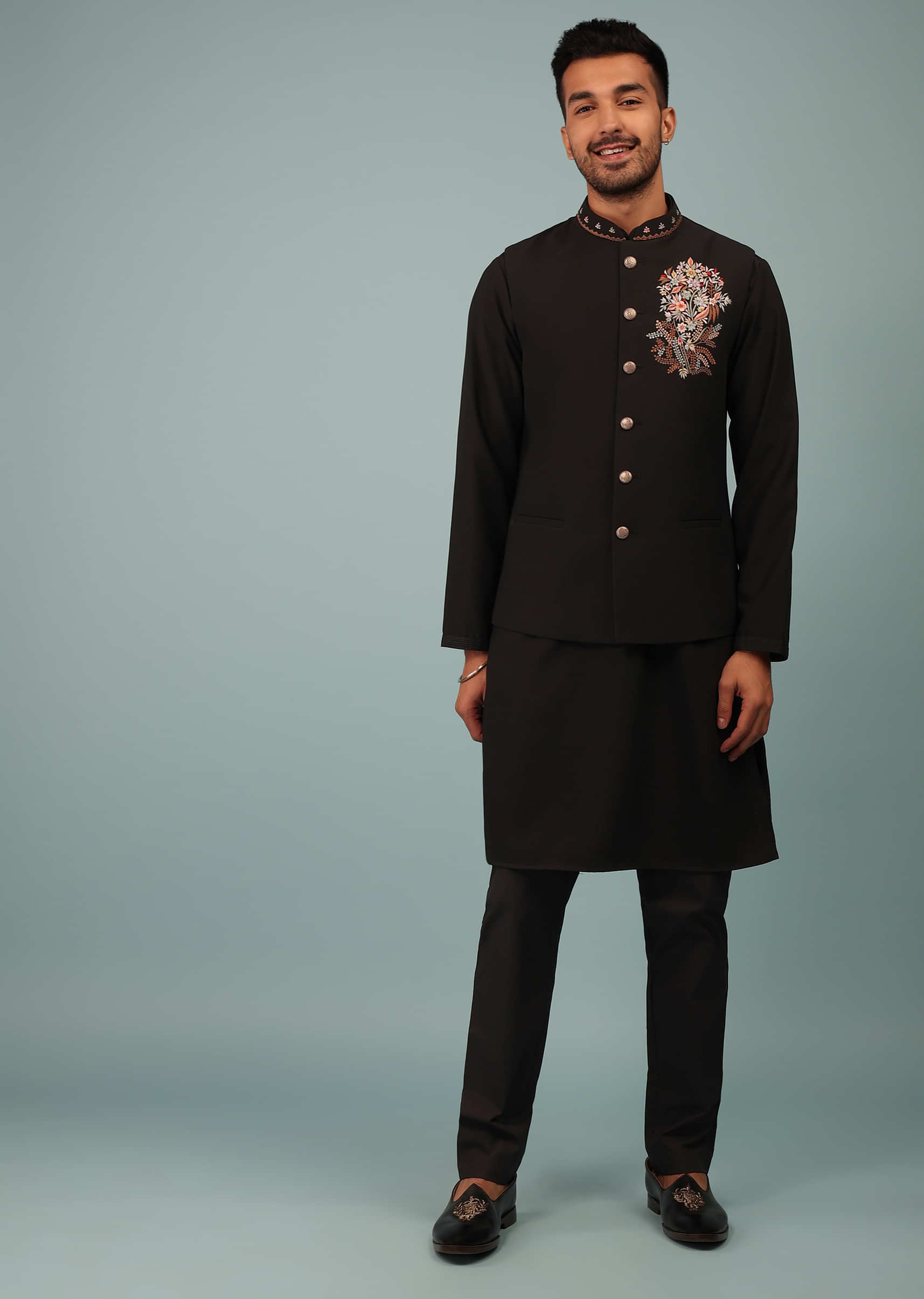 Black Bandi Jacket Set In Handloom Poly Wool With Multicolor Floral Butti Embroidery