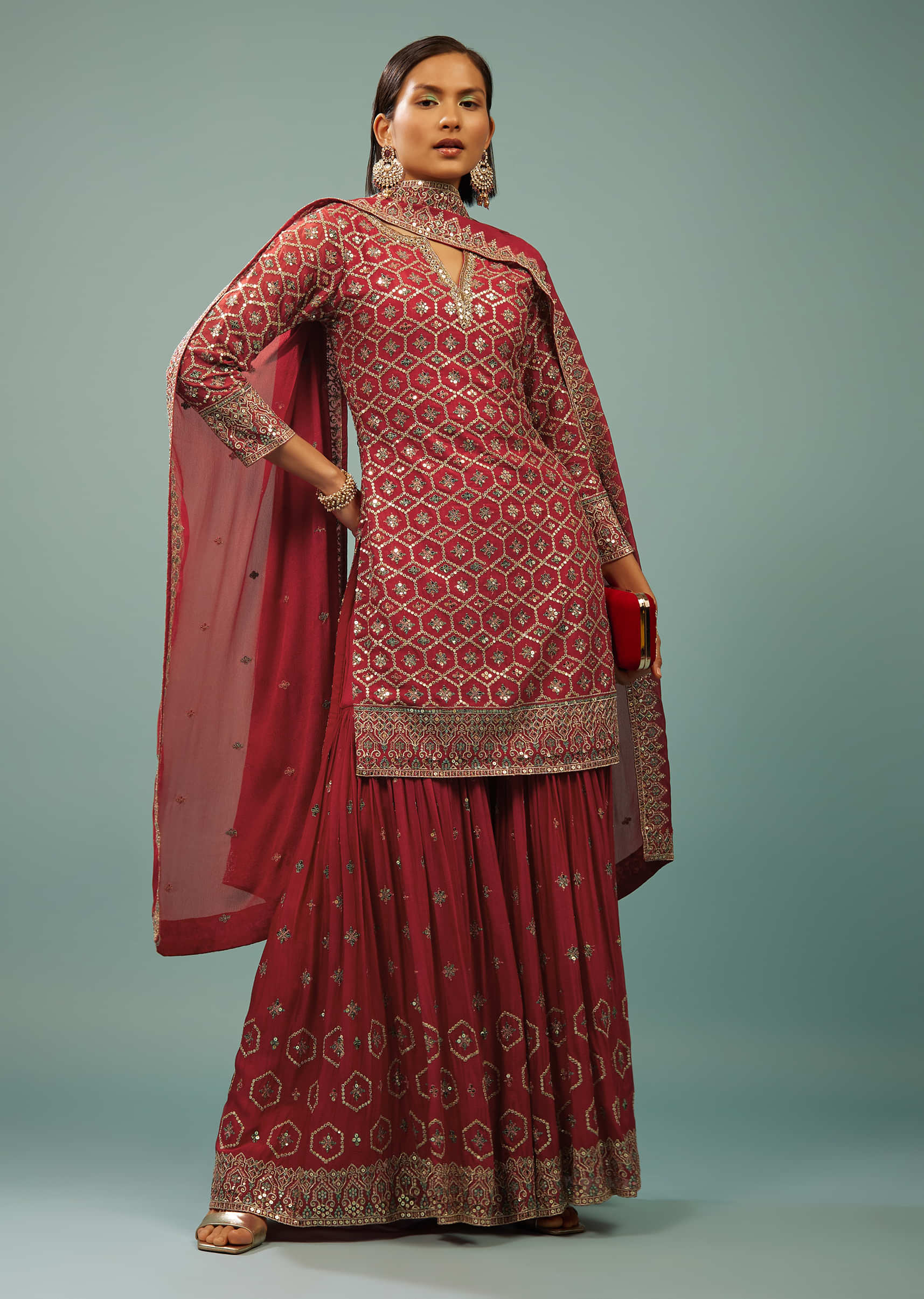 Valentine Red Sharara Suit In Georgette With Embroidery