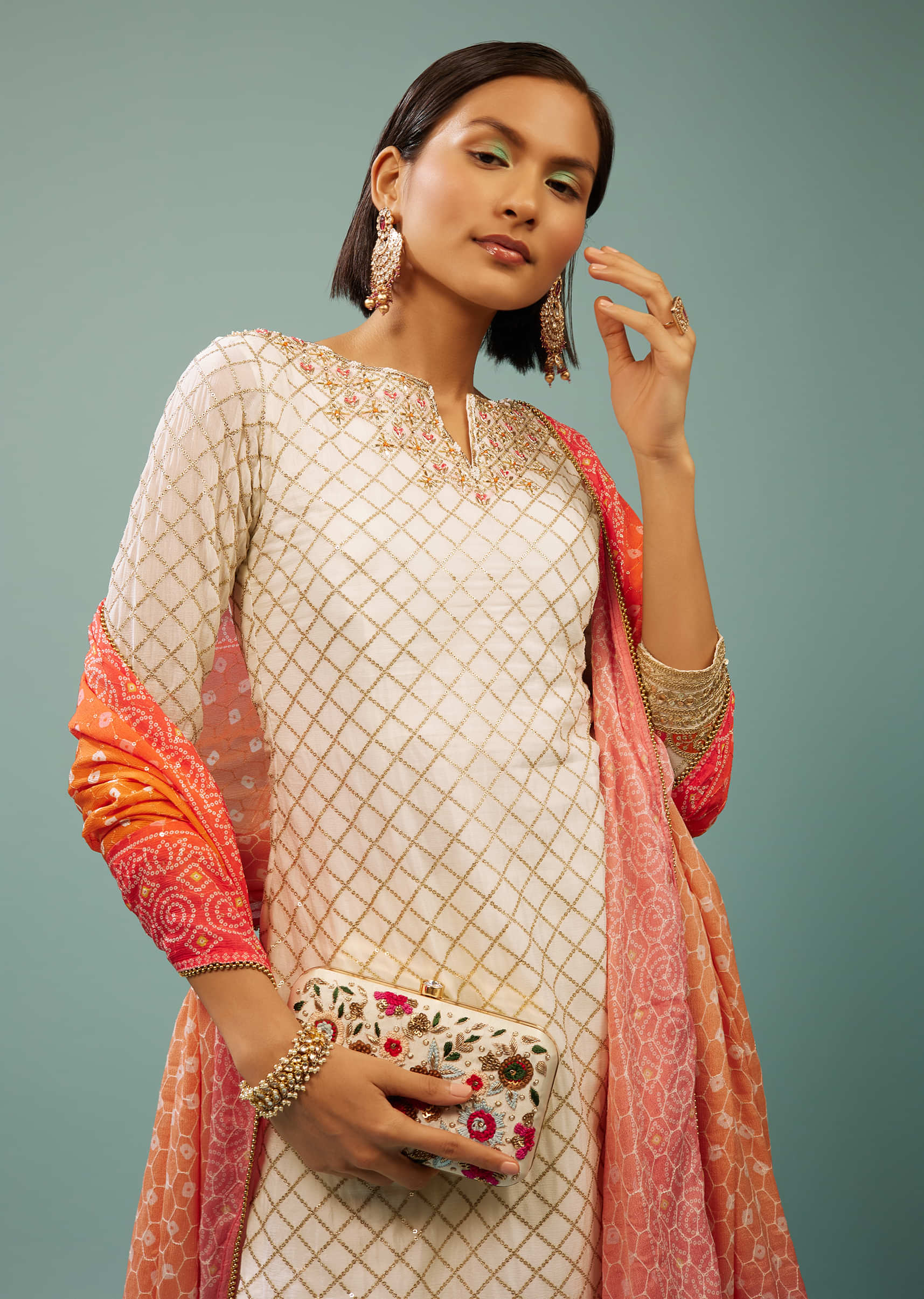 Daisy White Sharara Suit With Embroidery And Bandhani Dupatta