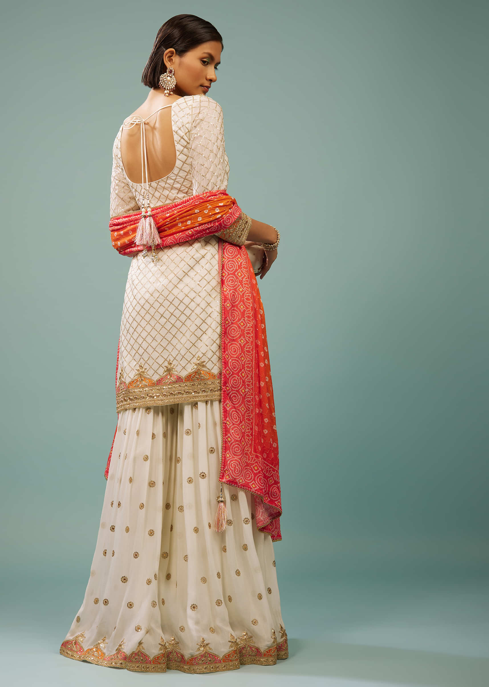 Daisy White Sharara Suit With Embroidery And Bandhani Dupatta