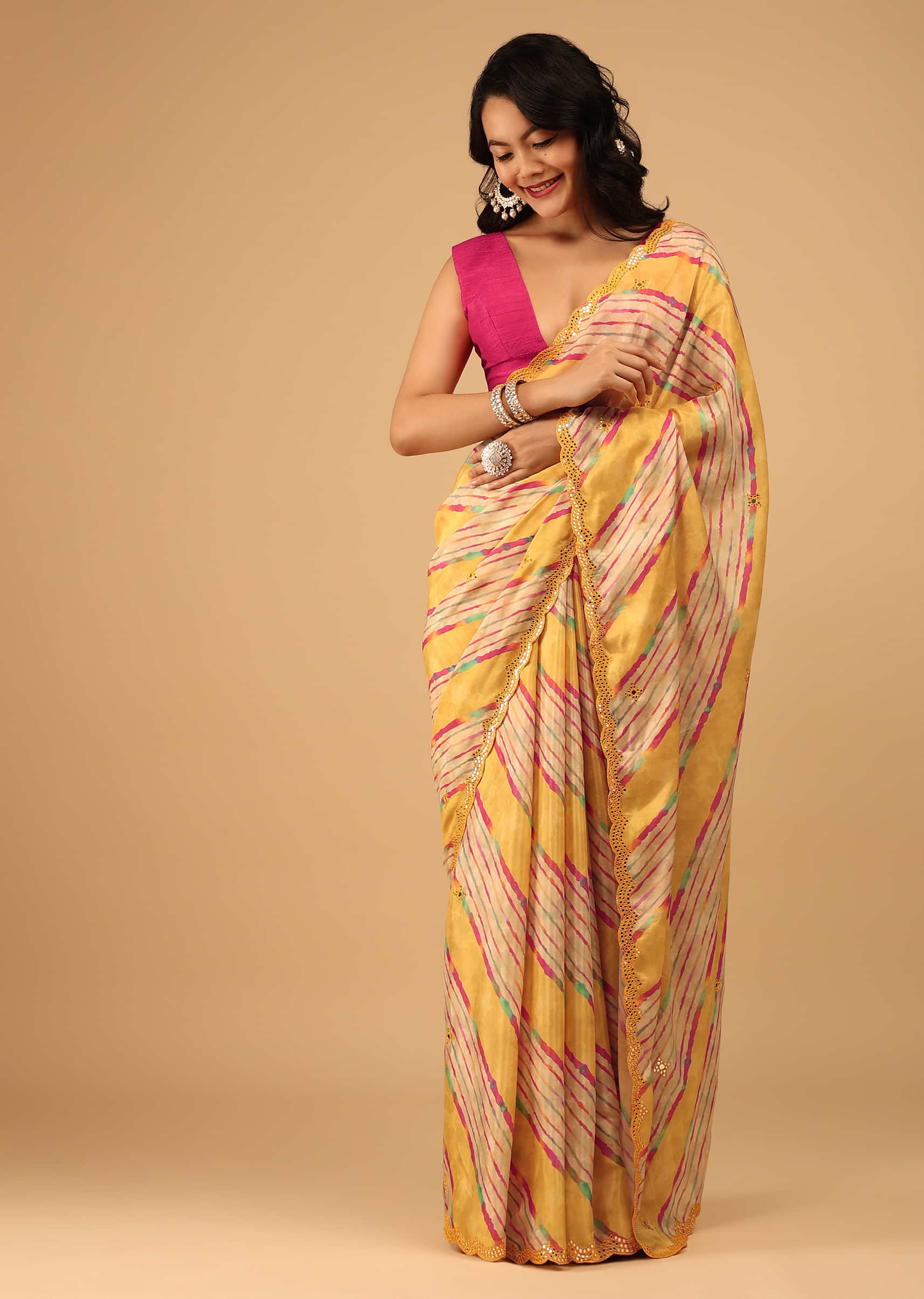 Marigold Yellow Leheriya Saree In Muslin With Mirror Embroidery