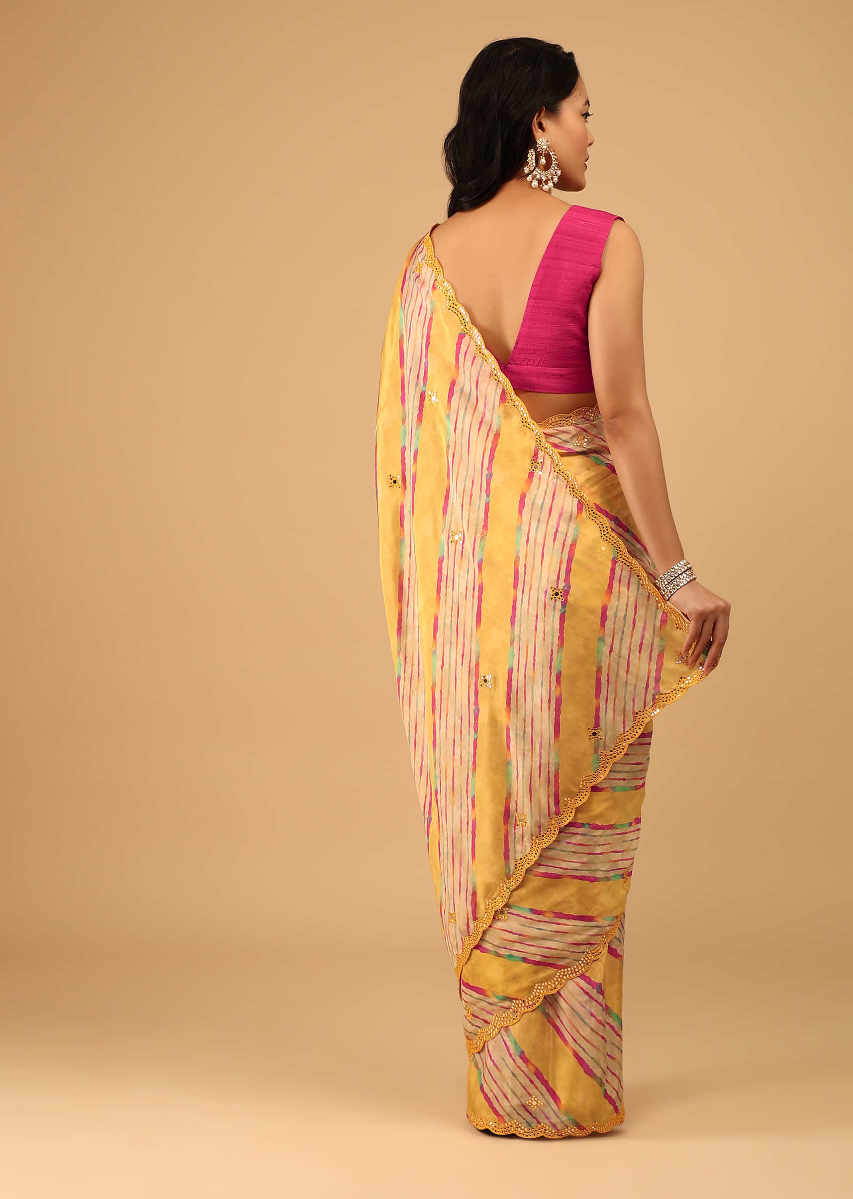 Marigold Yellow Leheriya Saree In Muslin With Mirror Embroidery