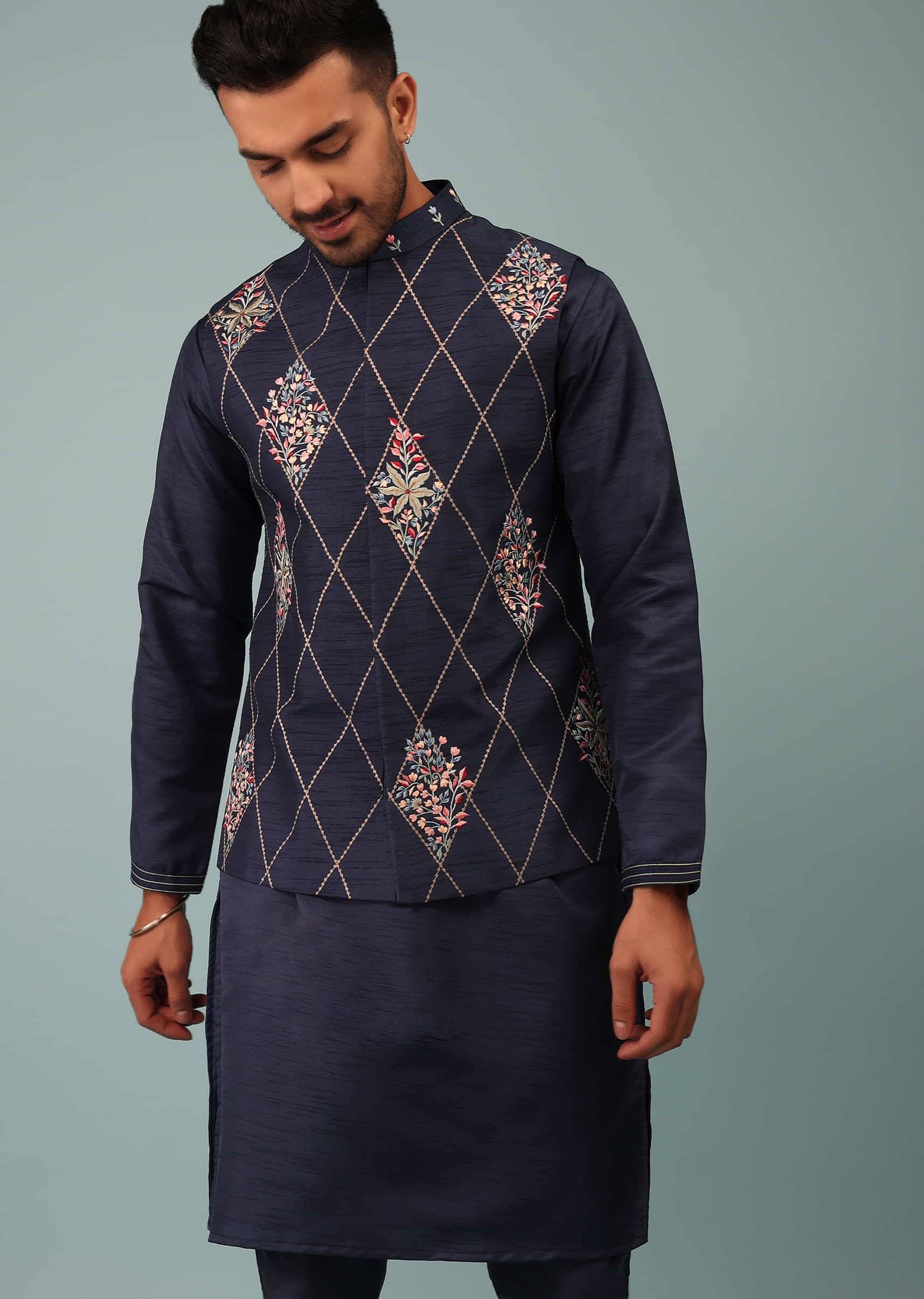 Persian Blue Bandi Jacket Set In Raw Silk With Multicolor Floral Butti & Aari Embroidery