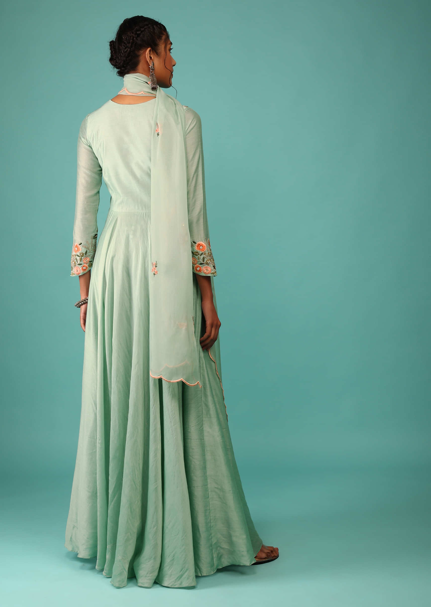 Kalki Dusty Aqua Green Pant Suit Set In Chanderi With Kashmiri Thread Embroidery For Women