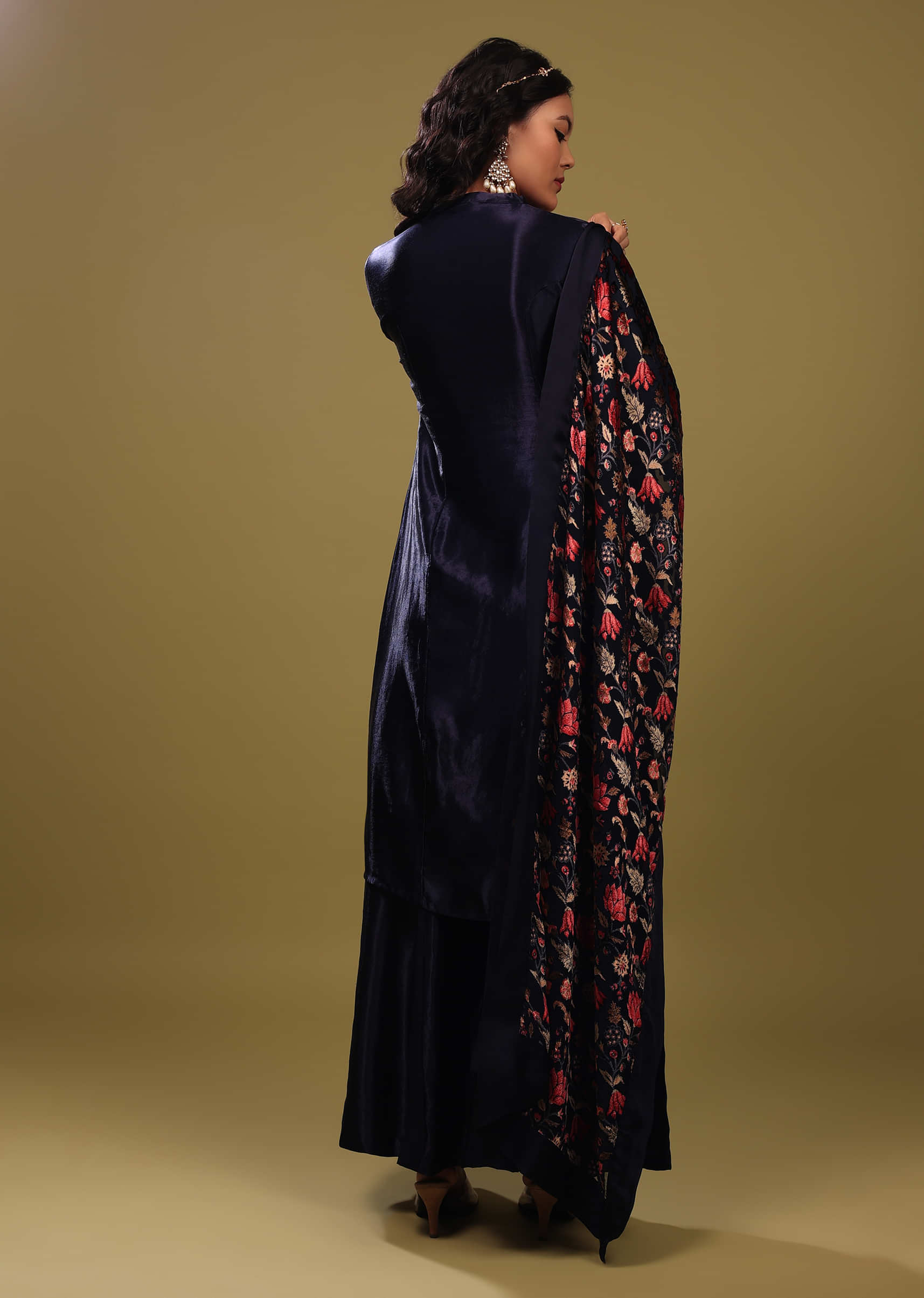 Navy Blue Palazzo Suit In Gajji Silk With Velvet Floral Embroidered Dupatta