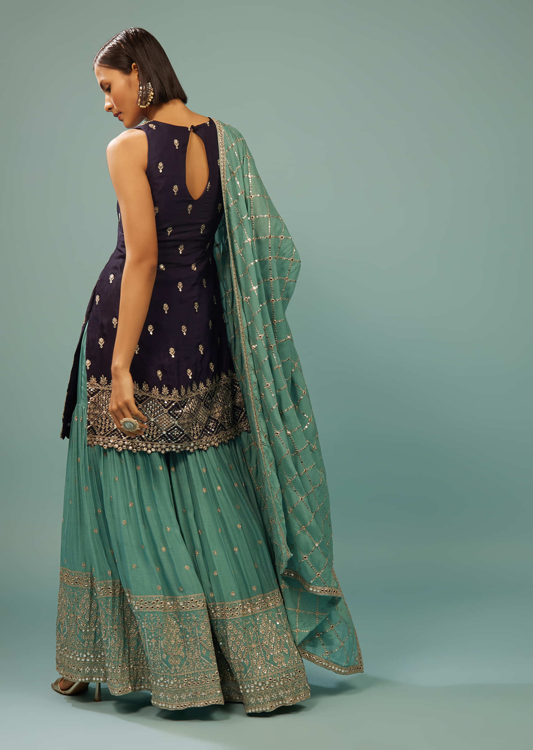 Navy Blue Sharara Suit With Embroidery