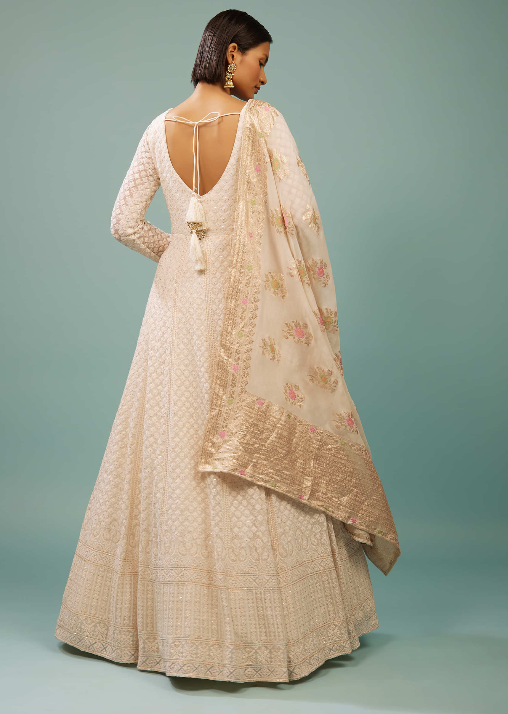 Daisy White Lucknowi Anarkali Suit In Georgette With Embroidery