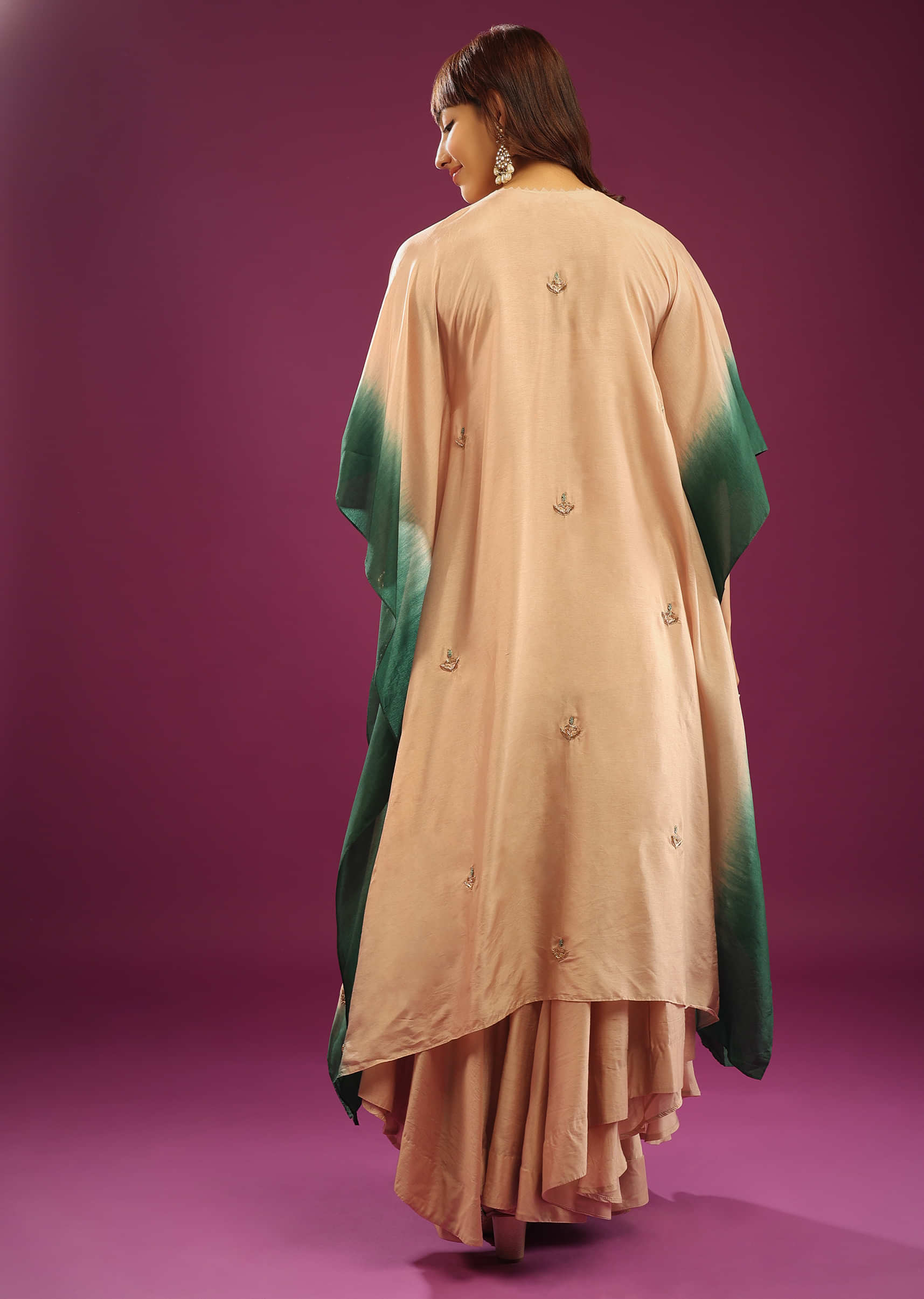Beige & Green Ombre Kaftan Set With Wide-Leg Palazzo And Heavy Embroidery