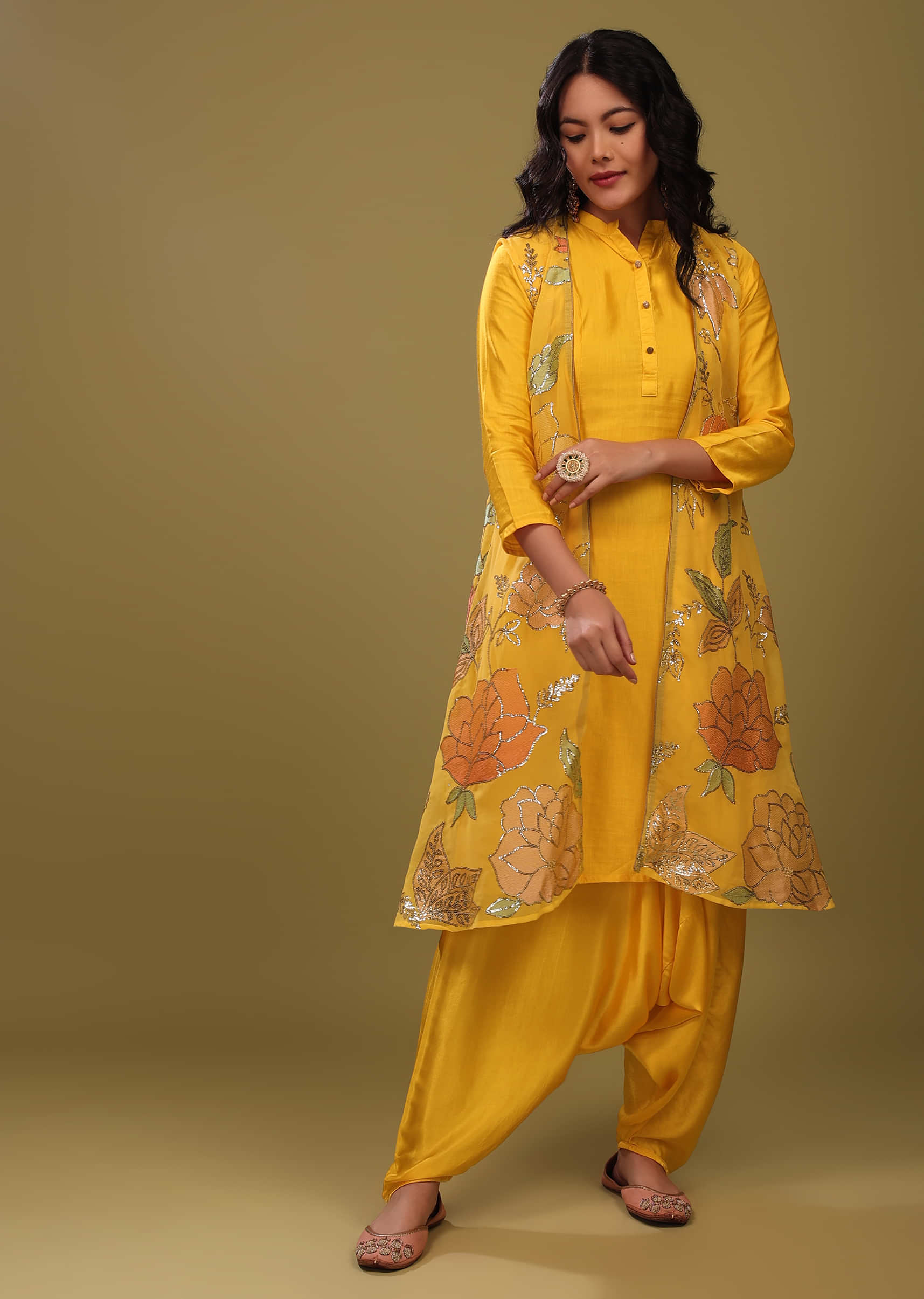 Festive Bright Yellow Princess Kurta With Cowl Pants And An Embroidered Floral Jacket