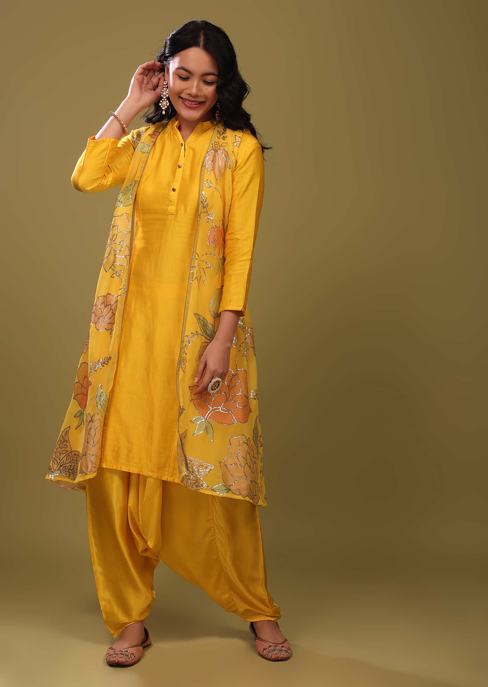 Festive Bright Yellow Princess Kurta With Cowl Pants And An Embroidered Floral Jacket