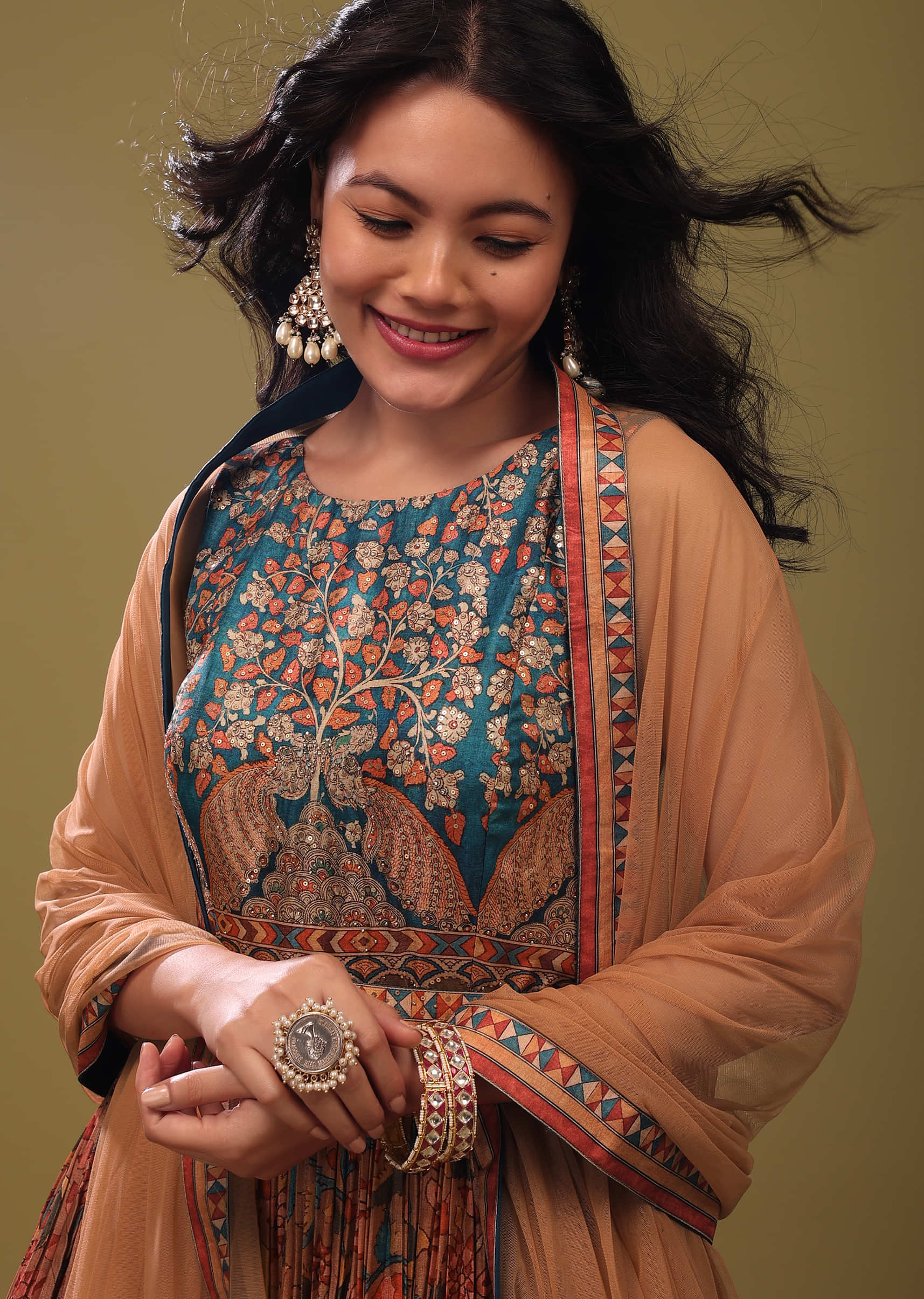 Festive Multicolor Anarkali Suit In Ajrakh Handblock Print & Embroidery