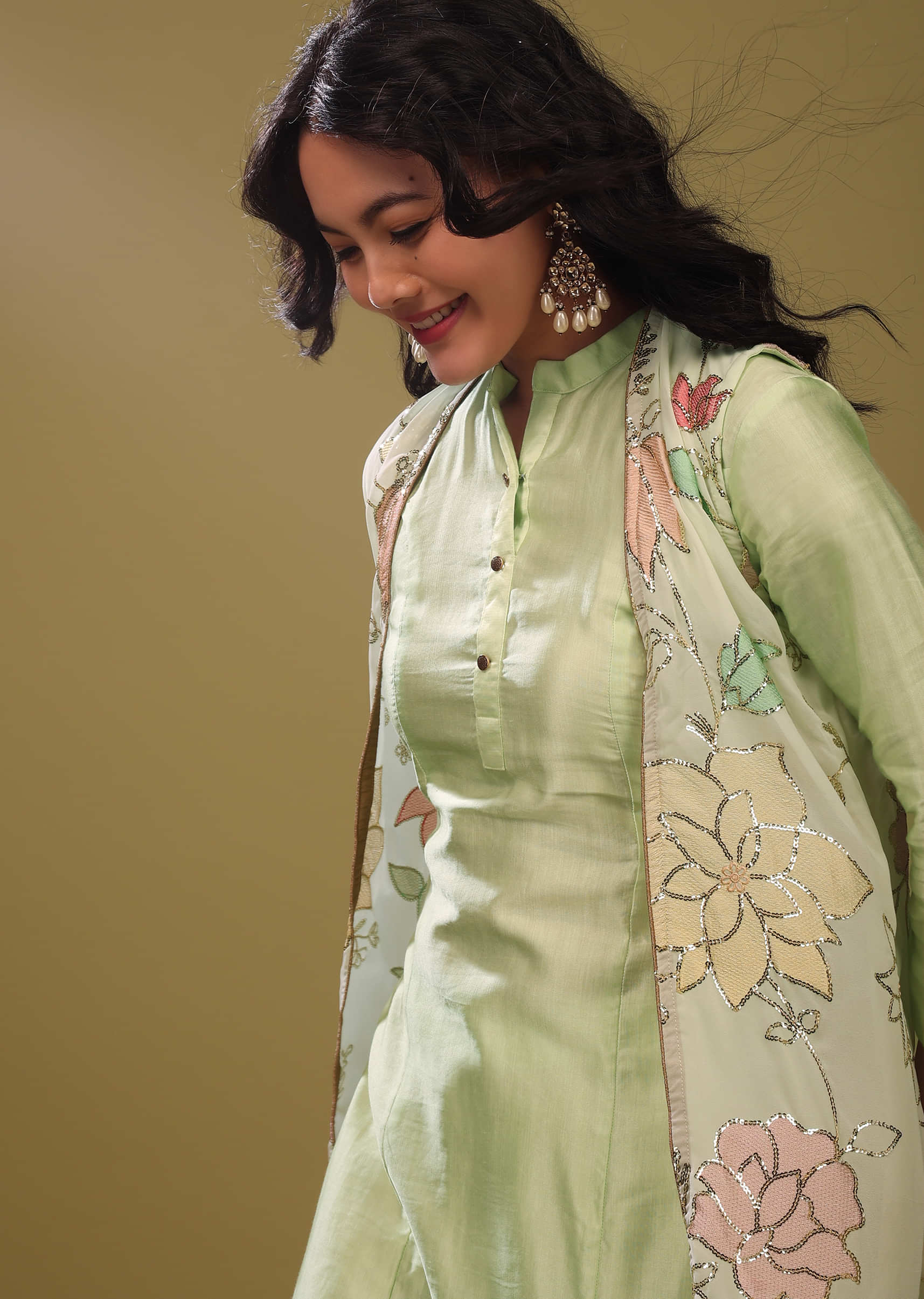 Festive Pista Green Princess Kurta With Cowl Pants And An Embroidered Floral Jacket