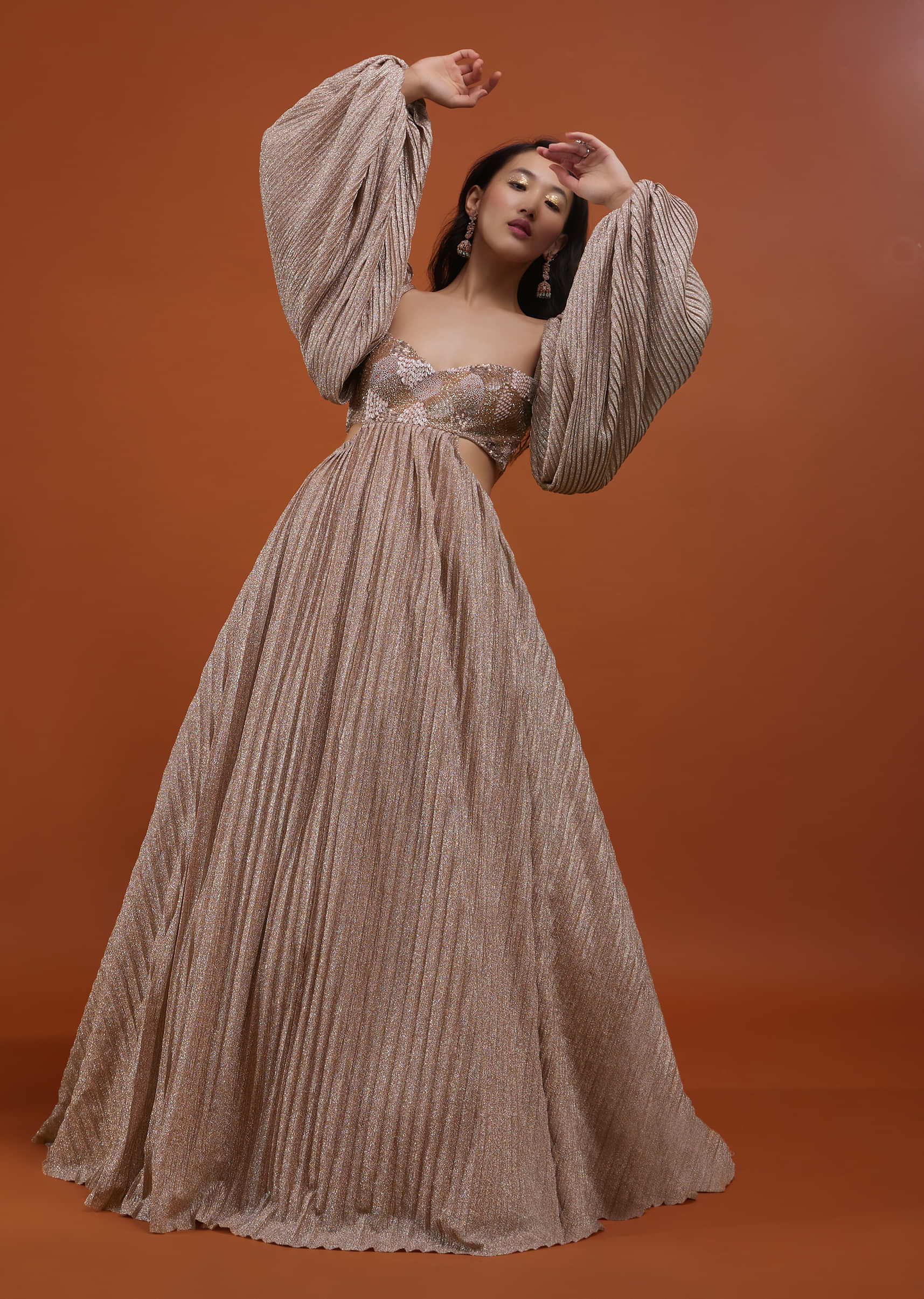 Kalki Festive Silver Pink Gown In Crush With Embroidery And Bell Sleeves