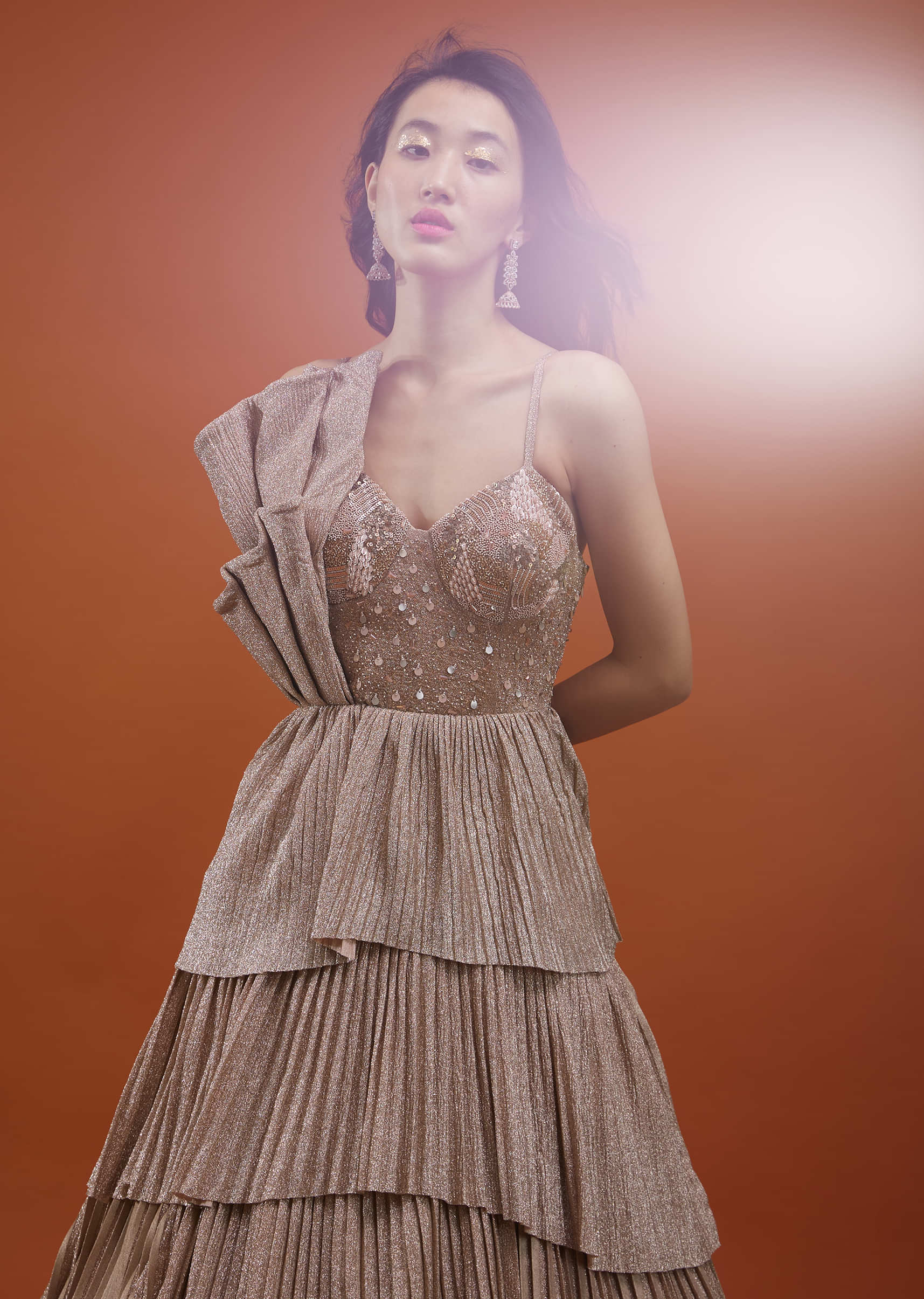 Kalki Festive Silver Pink Tiered Gown In Crush With Embroidery