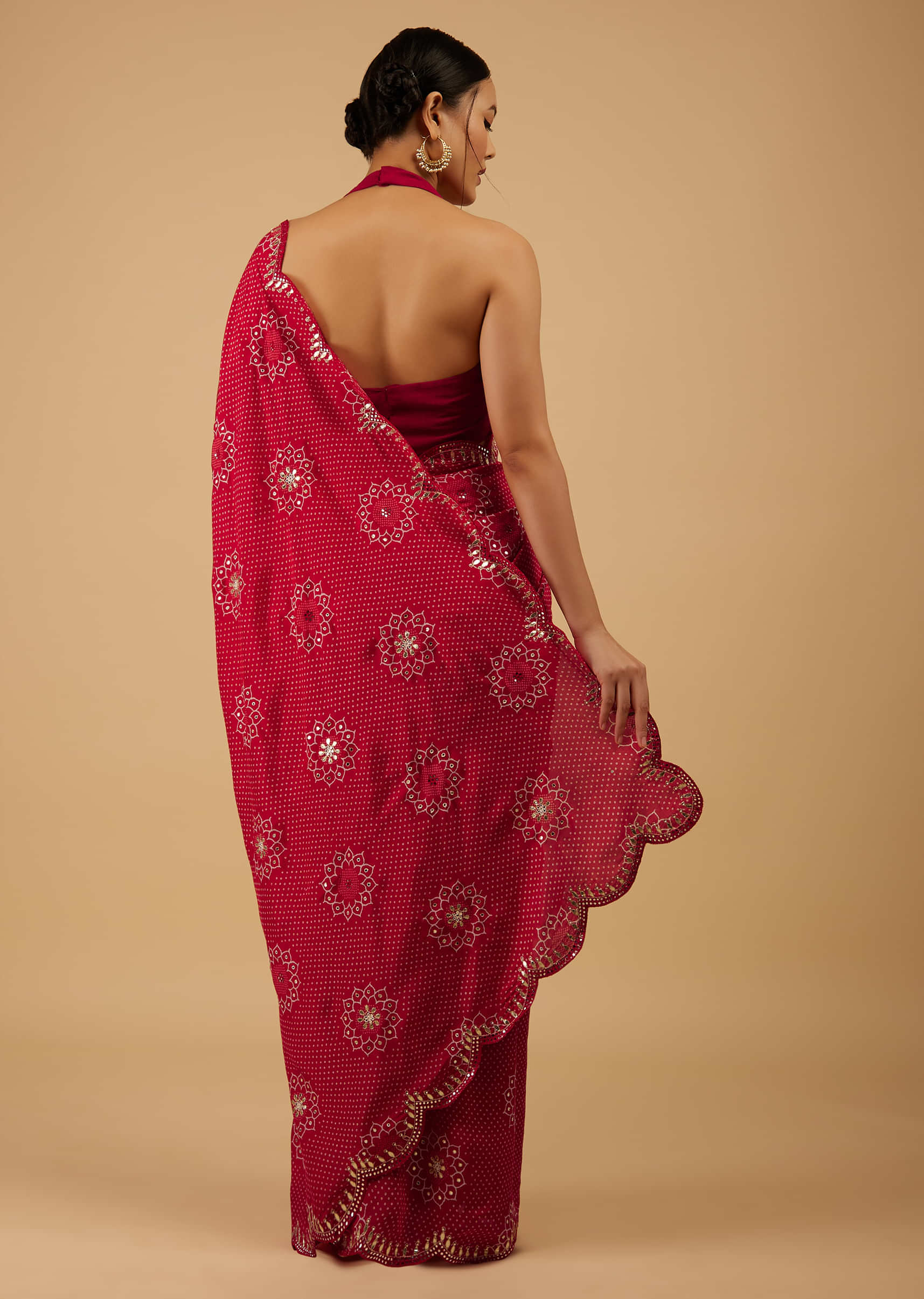 Valentine Red Festive Tomato Puree Red Bandhani Saree Embroidered In Muslin