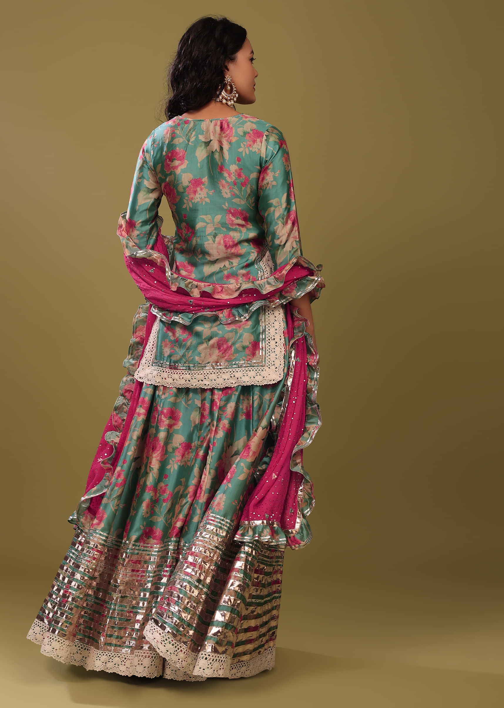 Festive Mint Blue Palazzo Suit Set In Silk With A Fancy Frill Dupatta