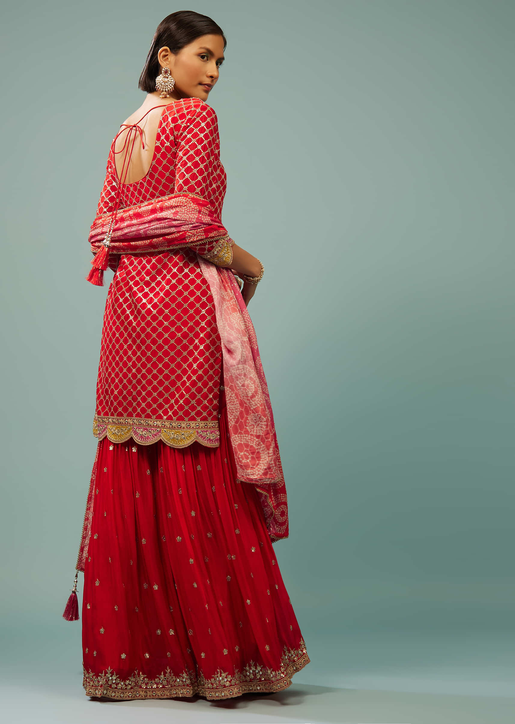 Fiery Red Sharara Suit With Embroidery And Bandhani Dupatta
