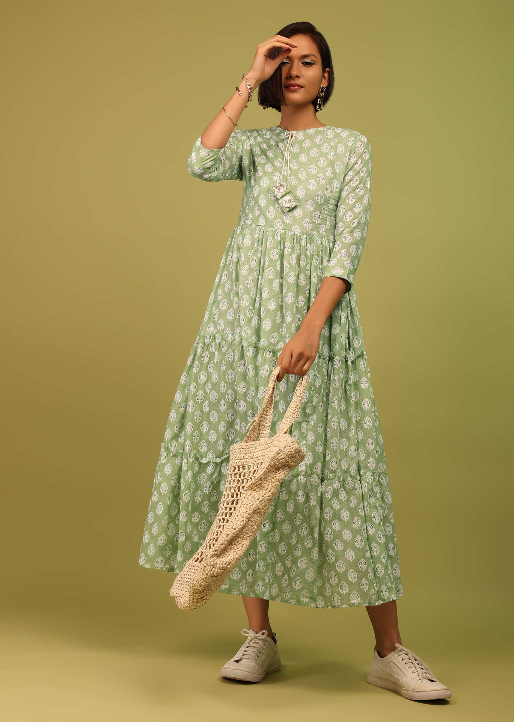 Light Pista Green Tiered Dress With Floral Block Print And Tassel Dori