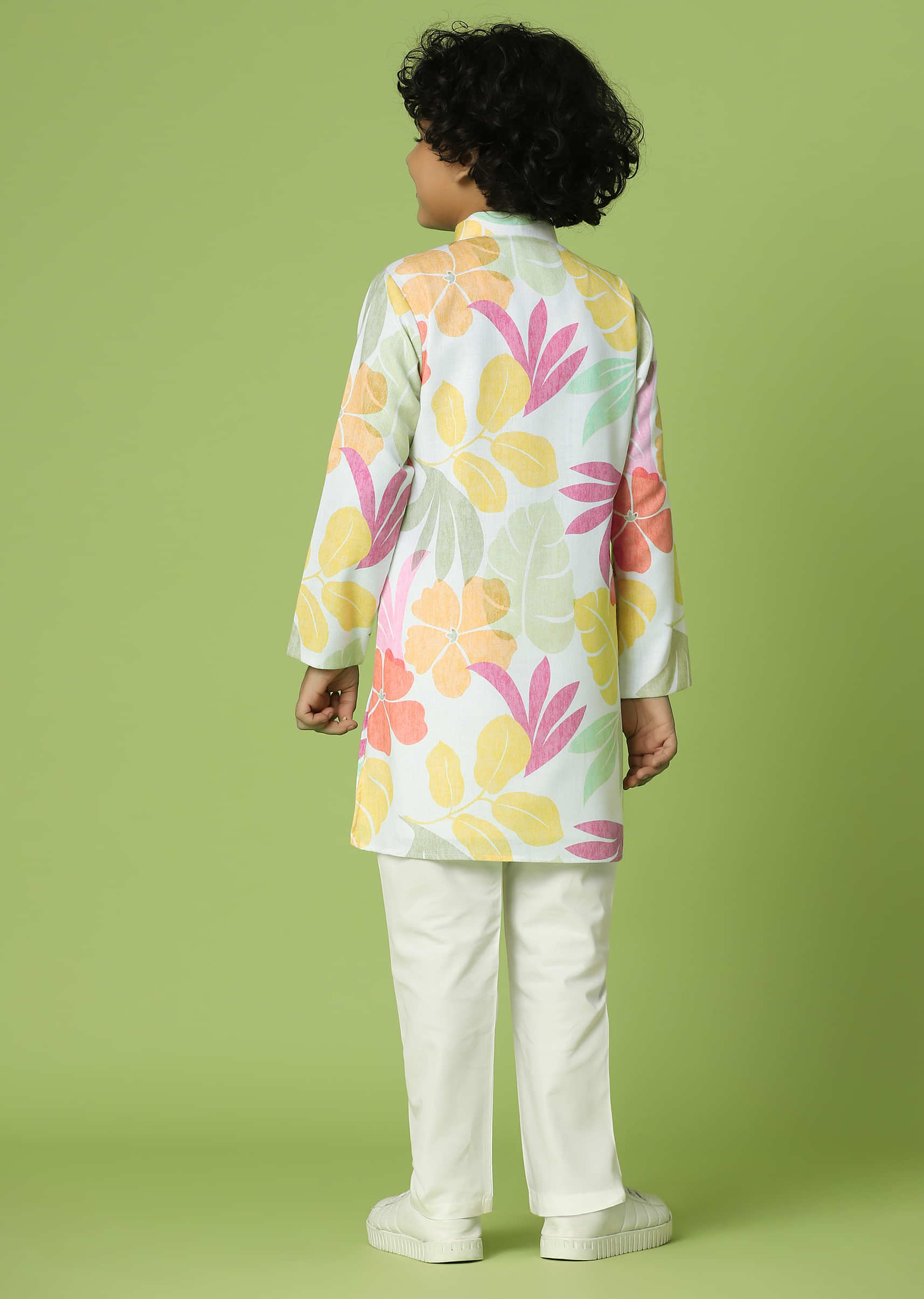 Kalki Frost White Kurta Set In Silk With Floral Print For Boys