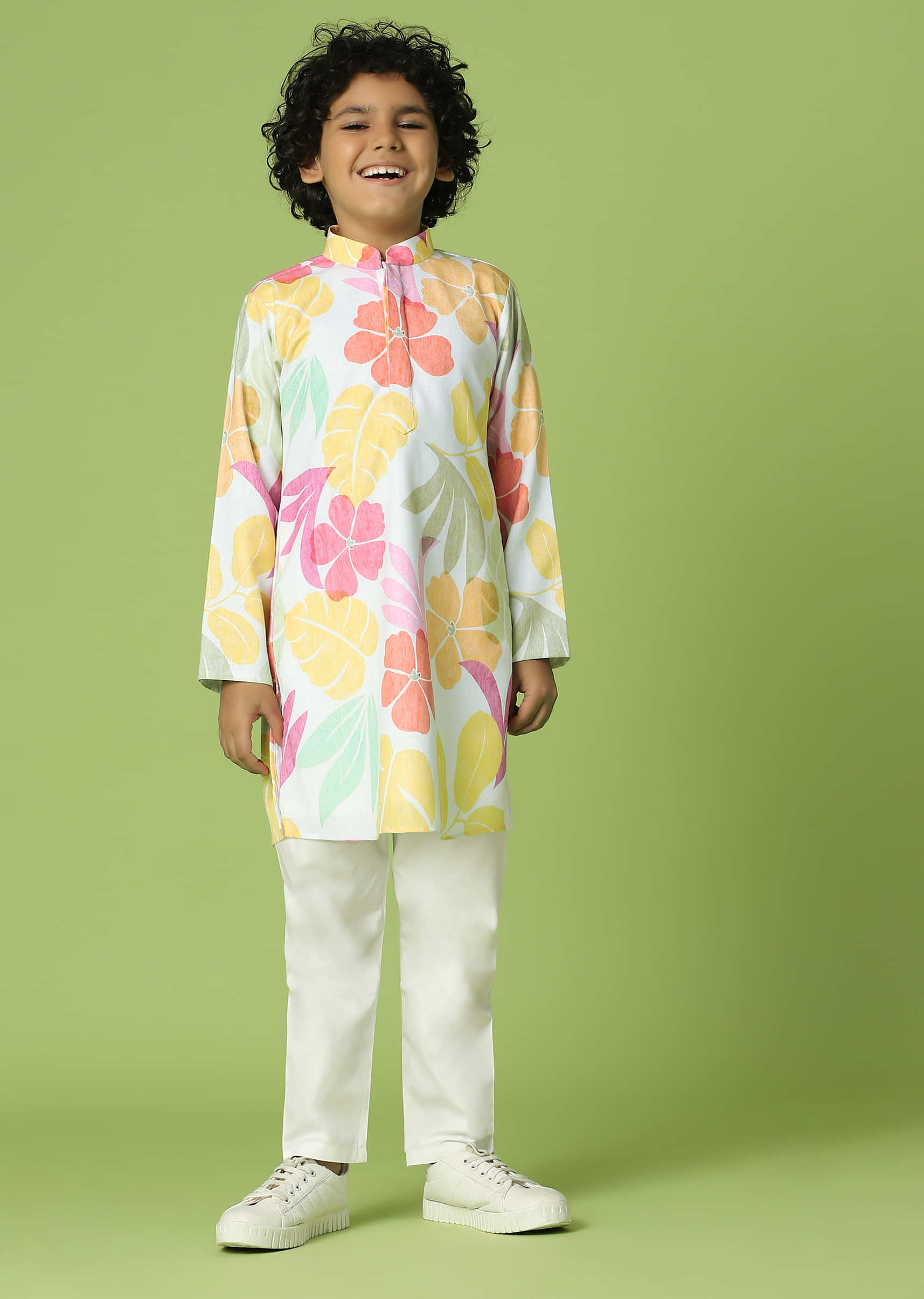 Kalki Frost White Kurta Set In Silk With Floral Print For Boys