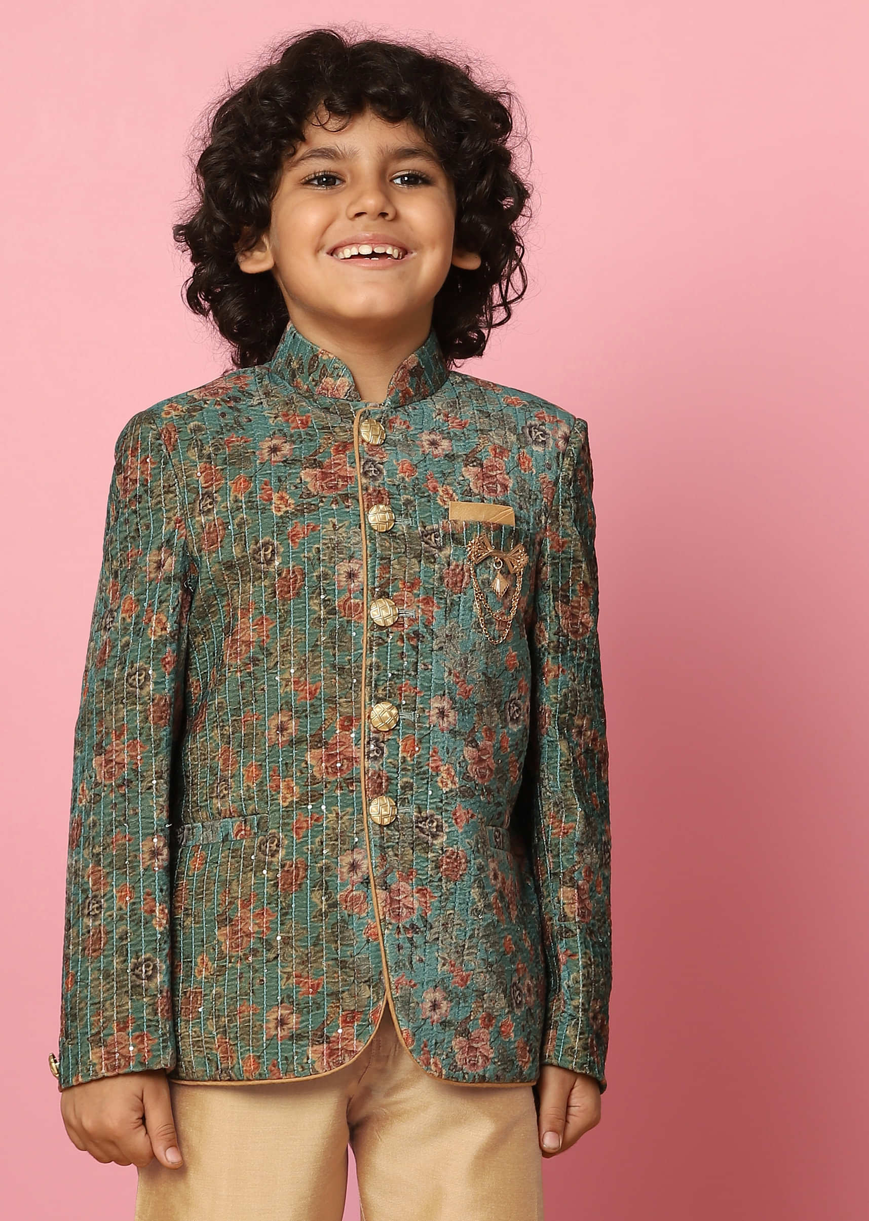Kalki Green Velvet Sherwani Set With Sequins And Floral Print For Boys