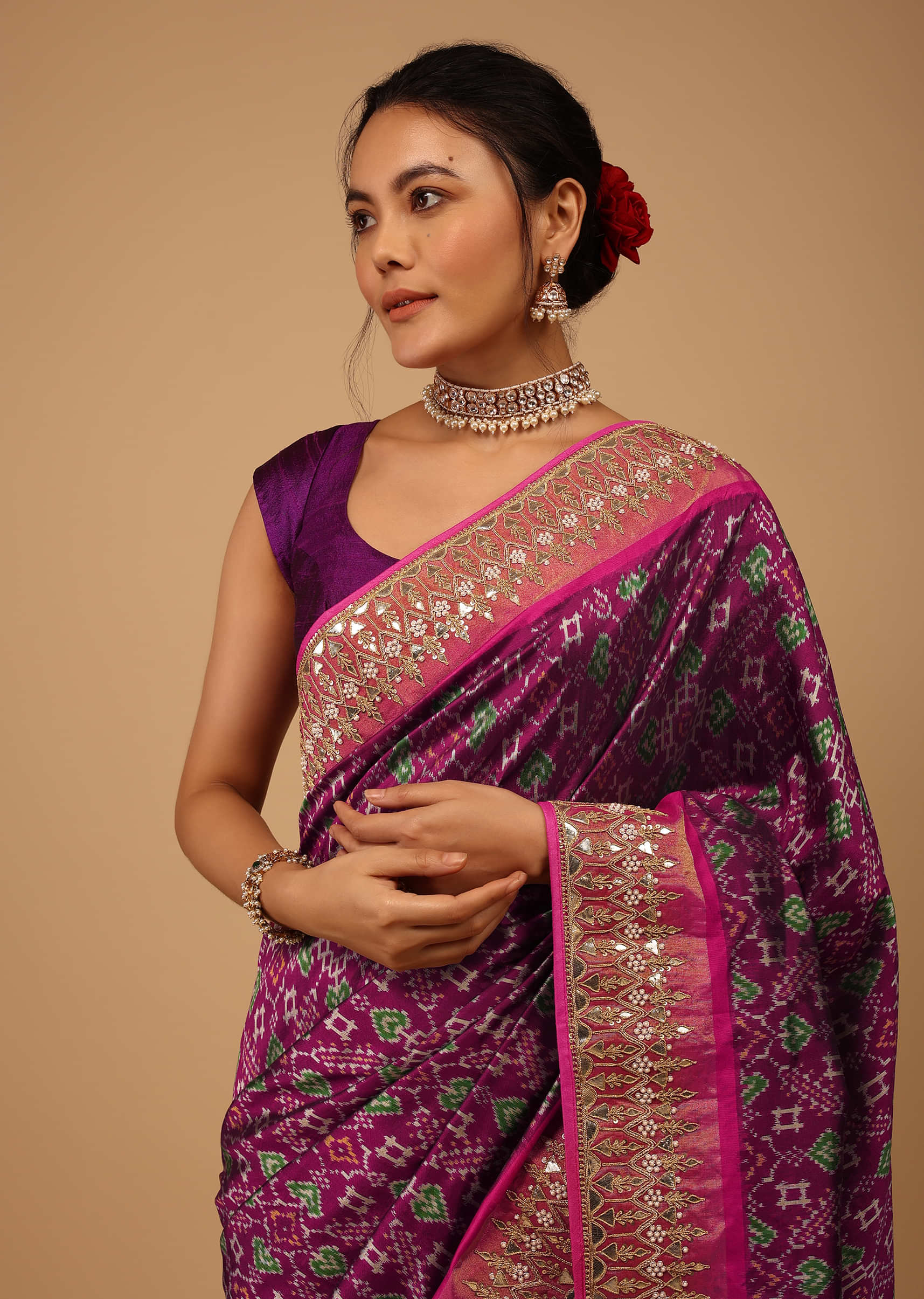 Grape Purple Saree In Pure Silk With Handloom Patola Ikat Weave