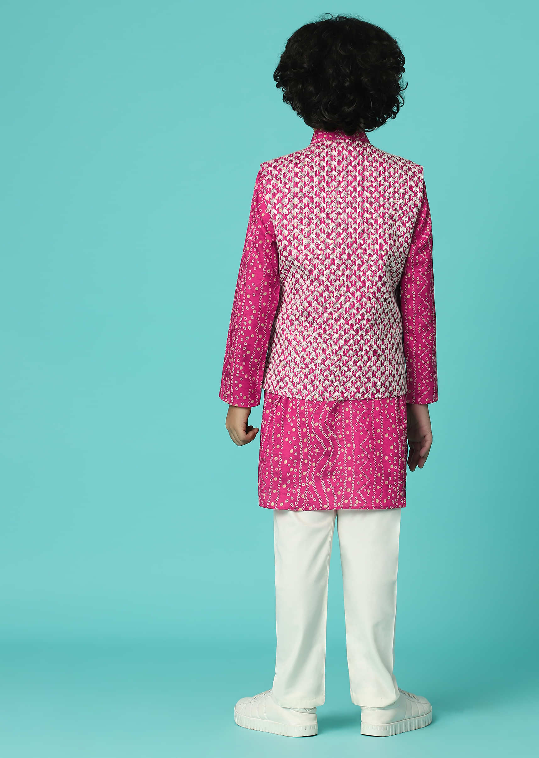 Kalki Hot Pink Jacket Kurta Set In Silk With Bandhani Print