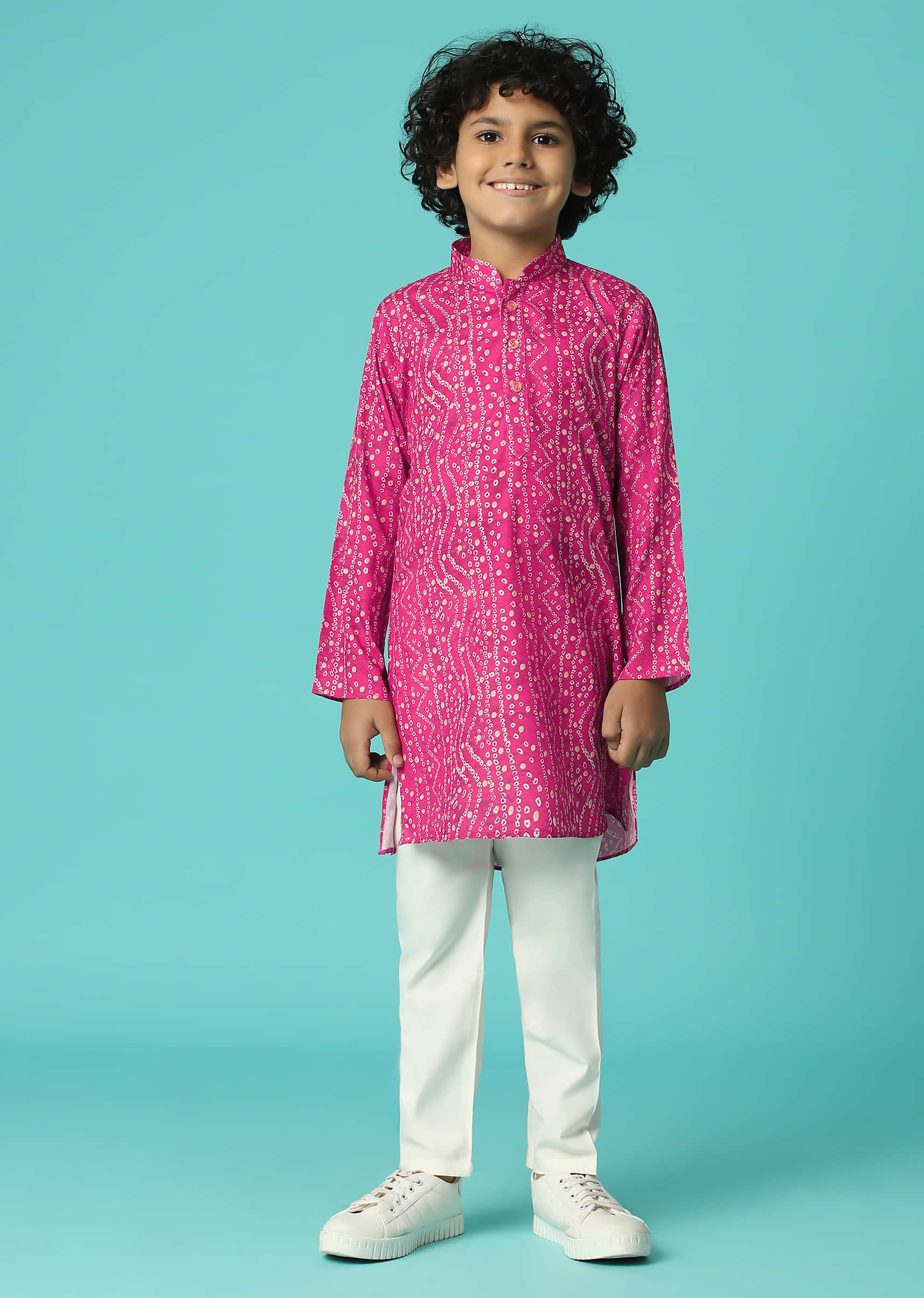 Kalki Hot Pink Jacket Kurta Set In Silk With Bandhani Print