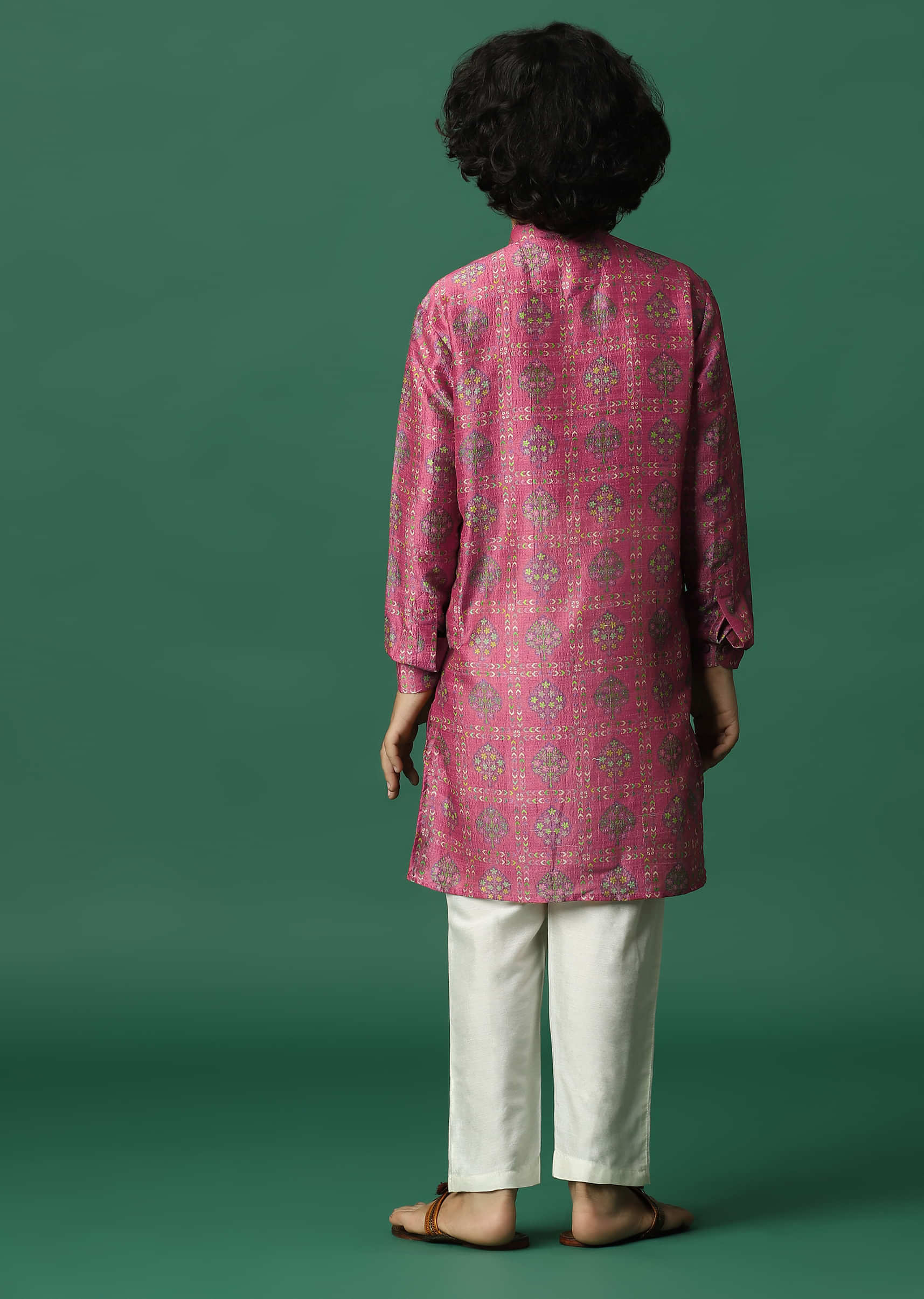 Kalki Hot Pink Printed Kurta Set In Tussar Silk For Boys