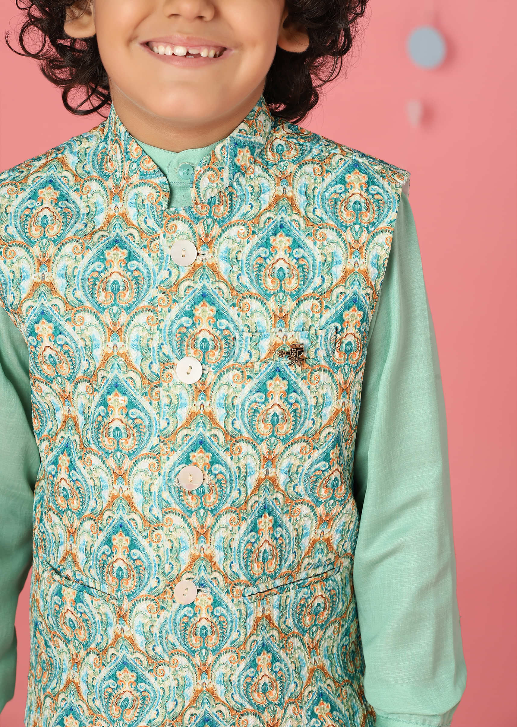 Kalki Ice Green Kurta Set In Silk With Multicolor Bandi Jacket For Boys