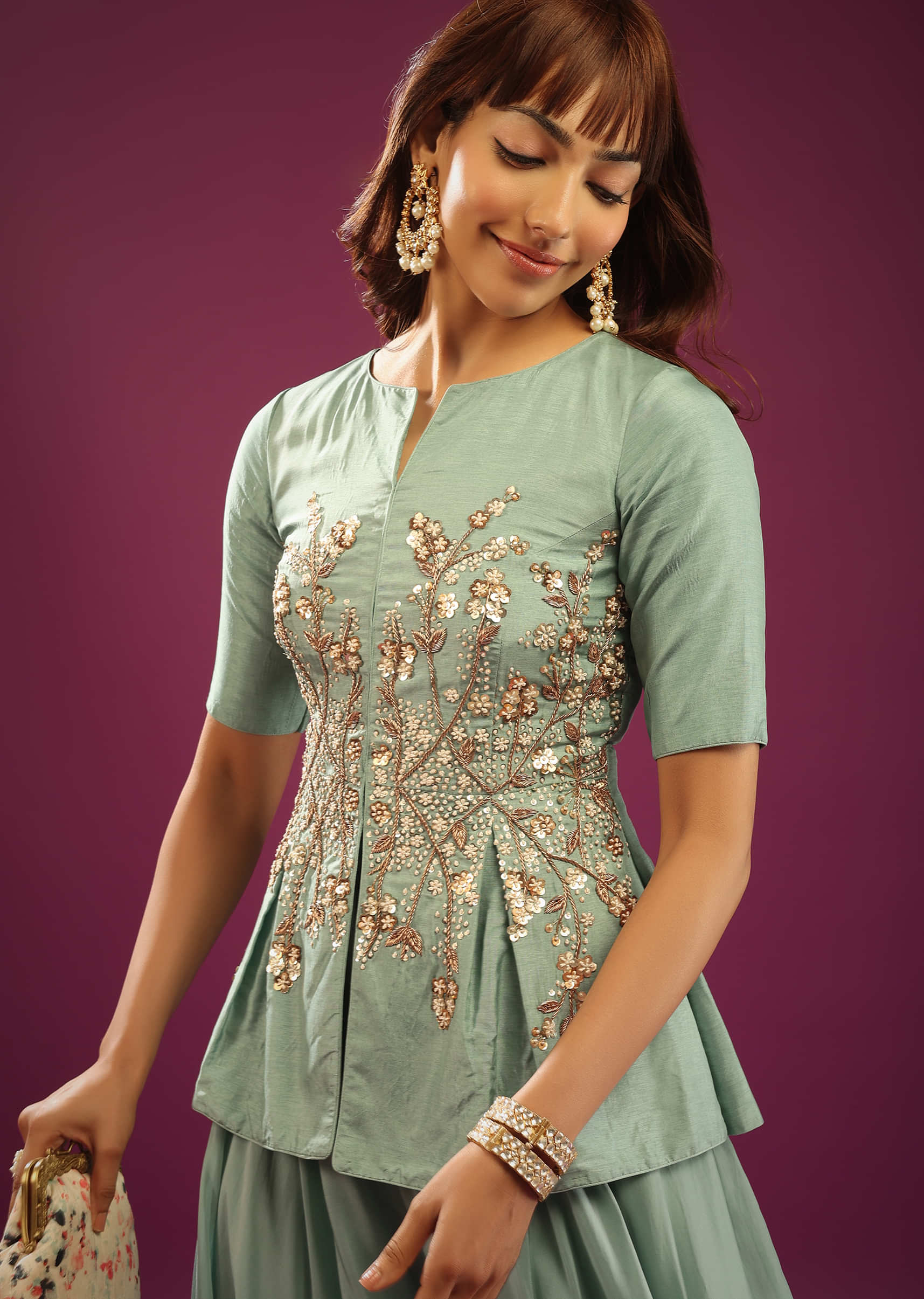 Powder Blue Palazzo Peplum Top In Silk & Organza With Embroidery