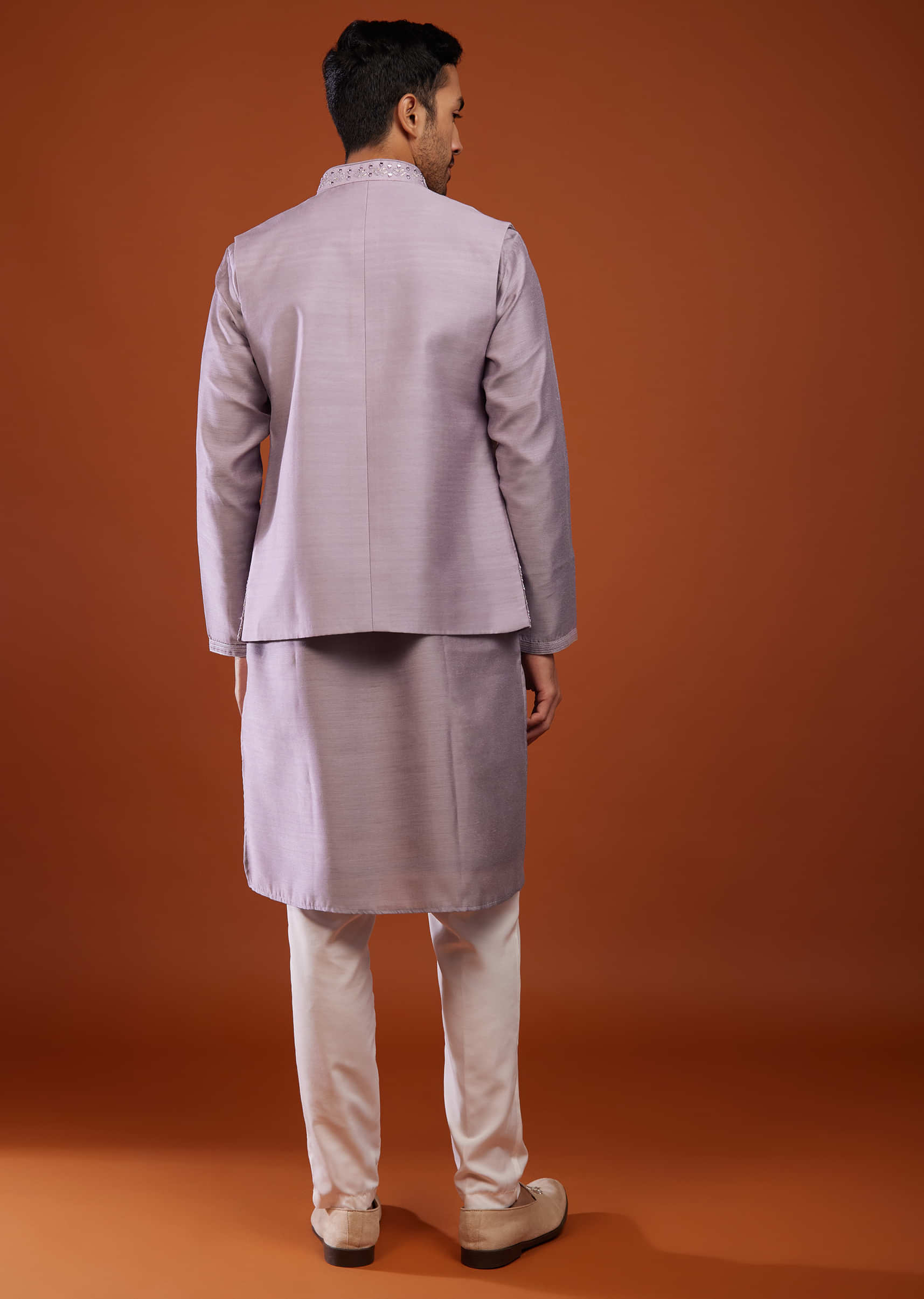 Lavender Purple Bandi Jacket Kurta Set In Cotton Silk With Mirror Embroidery